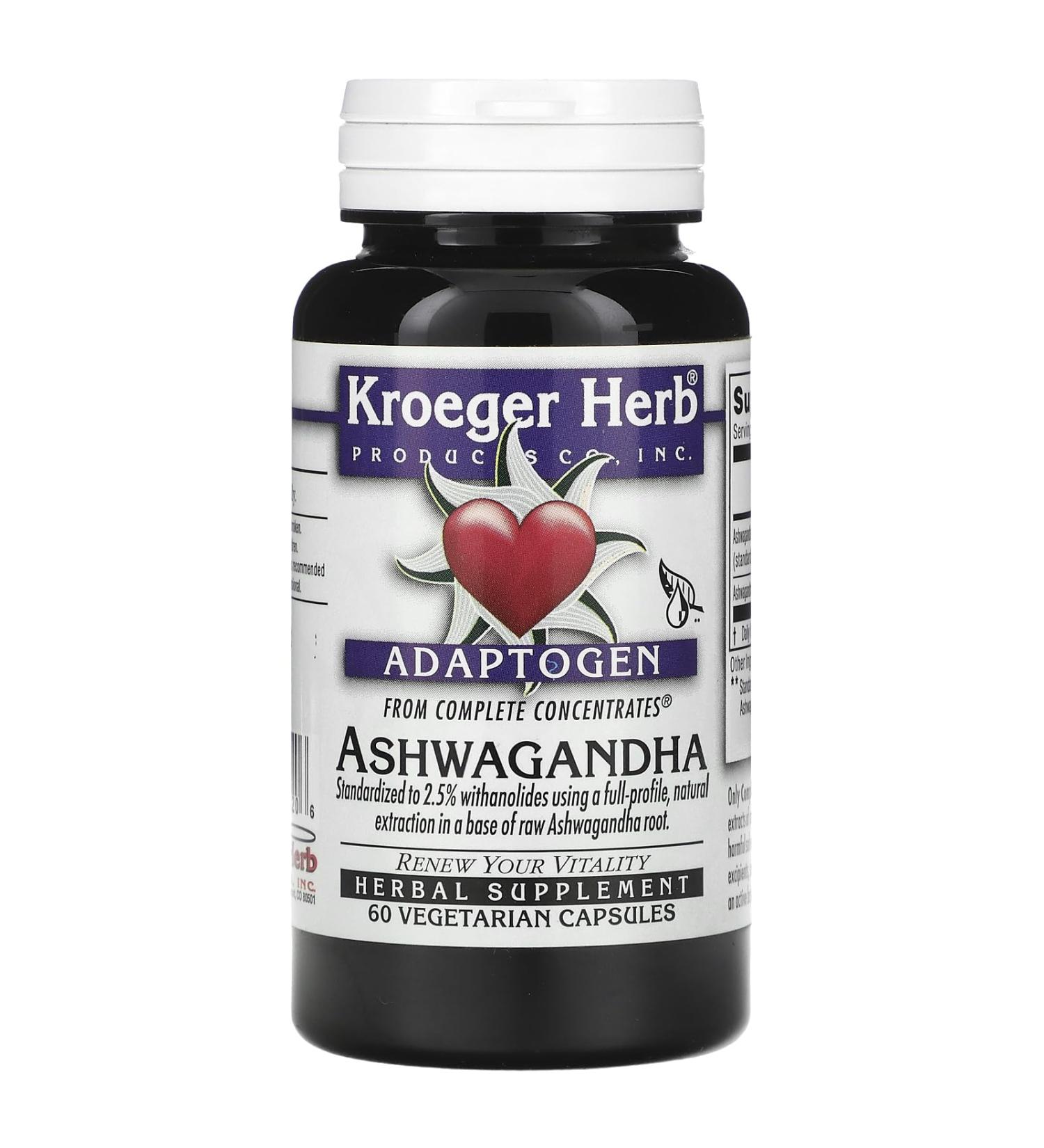 Kroeger Herbs Ashwagandha Supplement for Stress Relief Energy and Metabolism Support Herbal Adrenal Support Supplements Ashwagandha Root 450 mg Non-GMO Vegan No Additives 60 Capsules