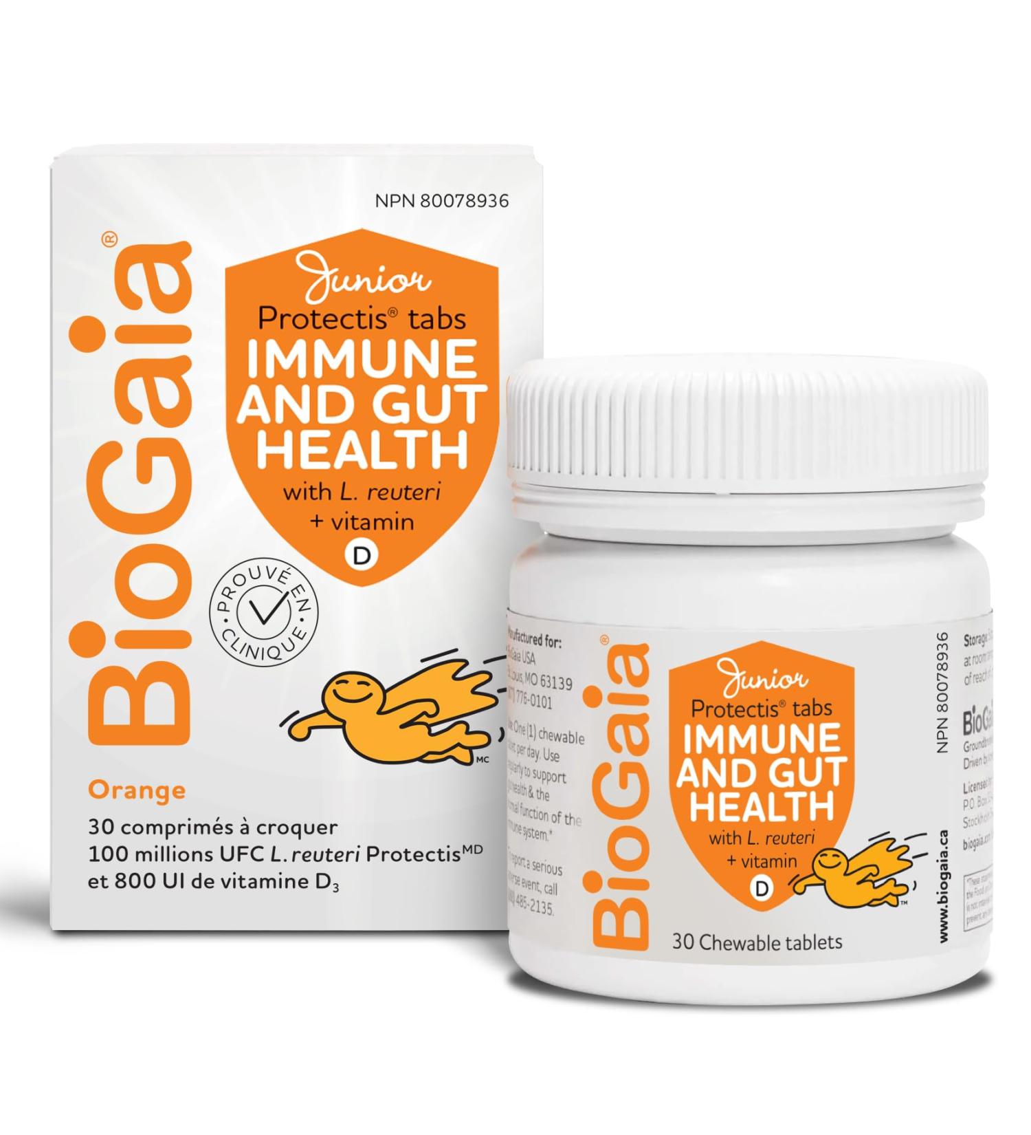 BioGaia Probiotic Junior Immune & Gut Health Tablets | New Format | Probiotic + 800 IU of Vit. D | 30-Day Supply/Chewable Tablets | For kids & Teens | Eases constipation | Helps maintain immune function | Development of bones and teeth | Prevent episodes  - Buy Online on GoSupps.com