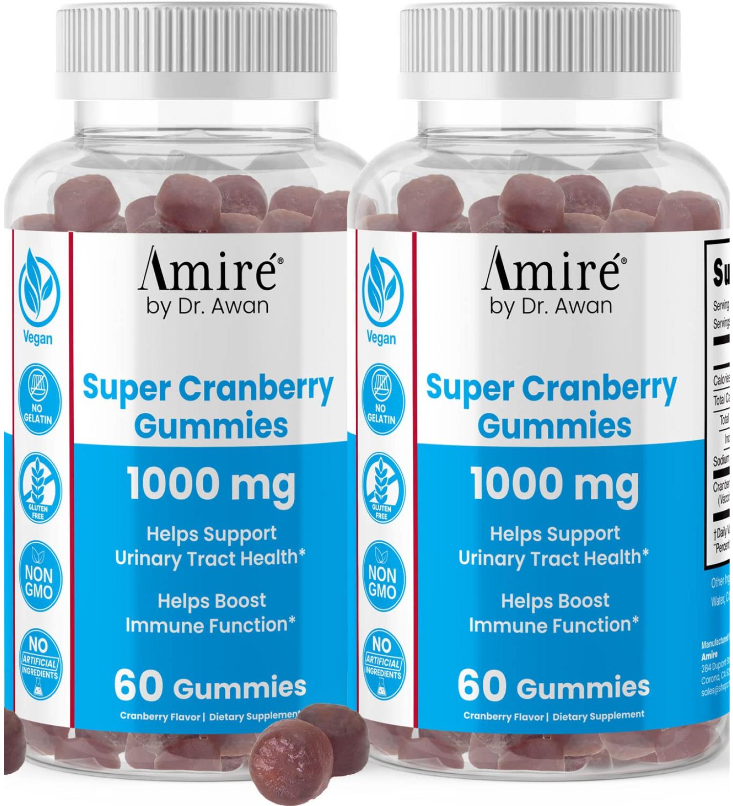 Amire by Dr. Awan Super Cranberry Gummies Helps Support Urinary Tract Health Helps Boosts Immune Function Gelatin-Free Cranberry Chews for Men & Women 120ct 60-Day Supply 60 Count (Pack of 2) - Buy Online on GoSupps.com