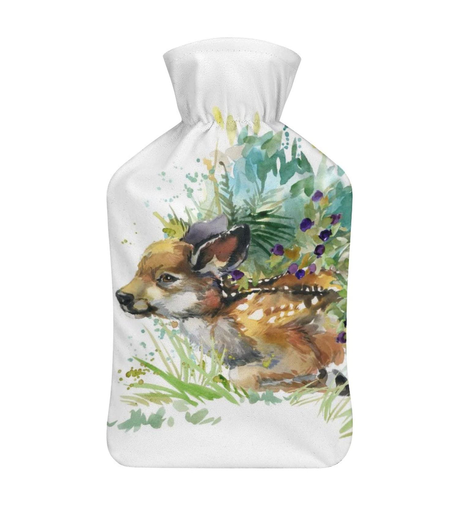 Watercolor Deer Hot Water Bottle with Plush Cover - Hand Warmer for Adults & Kids | 26.5x15.3cm - Ideal for Comfort & Warmth - Buy Online on GoSupps.com