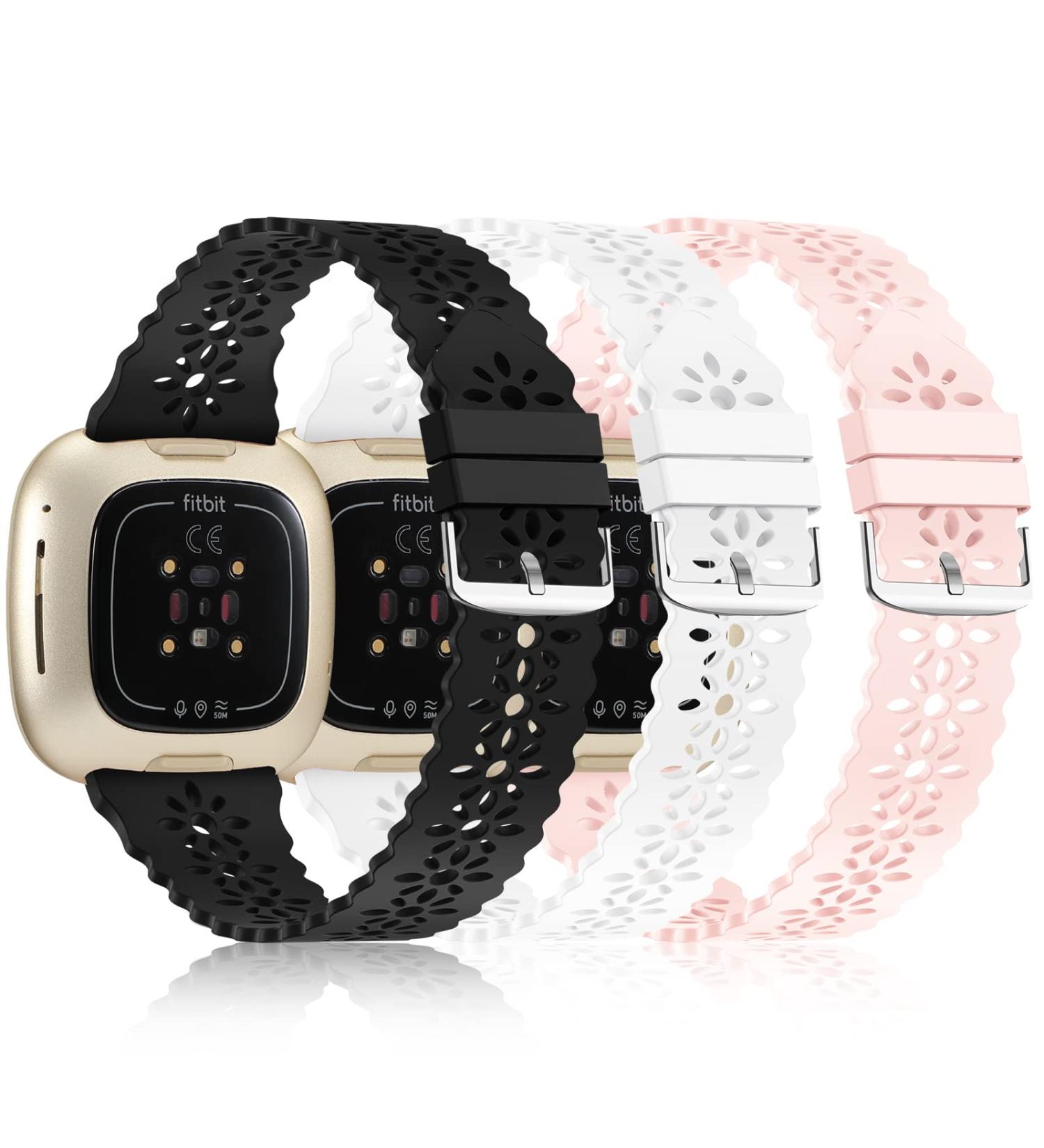 YAXIN 3 Pack Slim Sport Bands for Fitbit Sense/Versa 3 - Soft Silicone Lace Replacement Wristbands for Women in Black/White/Pink Sand - Buy Online on GoSupps.com