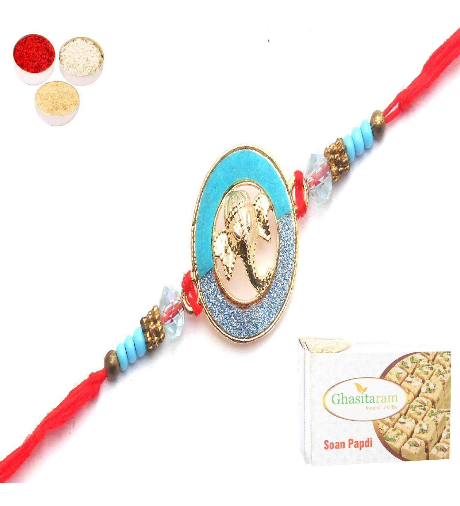 Ghasitaram Gifts Rakhi for Brother Rakhis Online - The Riddhi Siddhi Ganpati Blessings for My Brother Rakhi with 400 GMS of Soan Papdi - Buy Online on GoSupps.com
