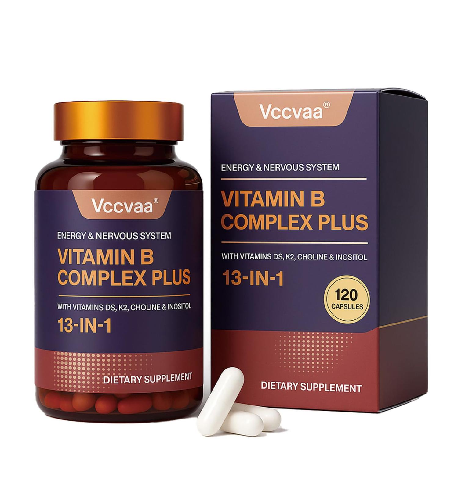 Vccvaa 13-in-1 Vitamin B Complex Plus with Biotin Inositol Folate B12 C D3 K2 Energy Nerve & Immune Support for Men & Women Vegan Non-GMO 120 Capsules - Buy Online on GoSupps.com