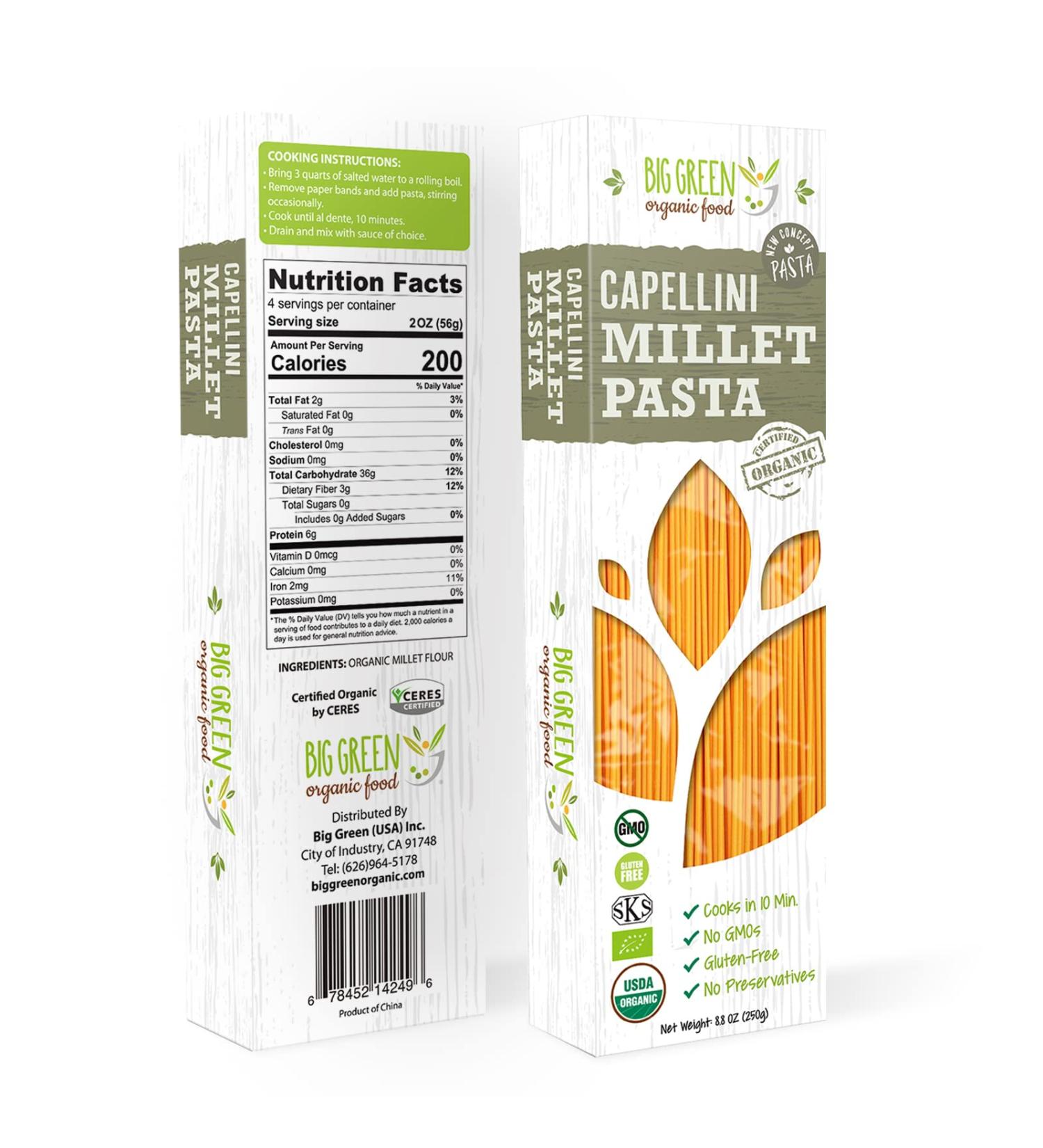 Big Green Organic Millet Capellini - Gluten-Free, Lectin-Free, Non-GMO, Vegan Pasta - 6g Protein - Wheat & Rice Alternative - 8.8oz - Buy Online on GoSupps.com