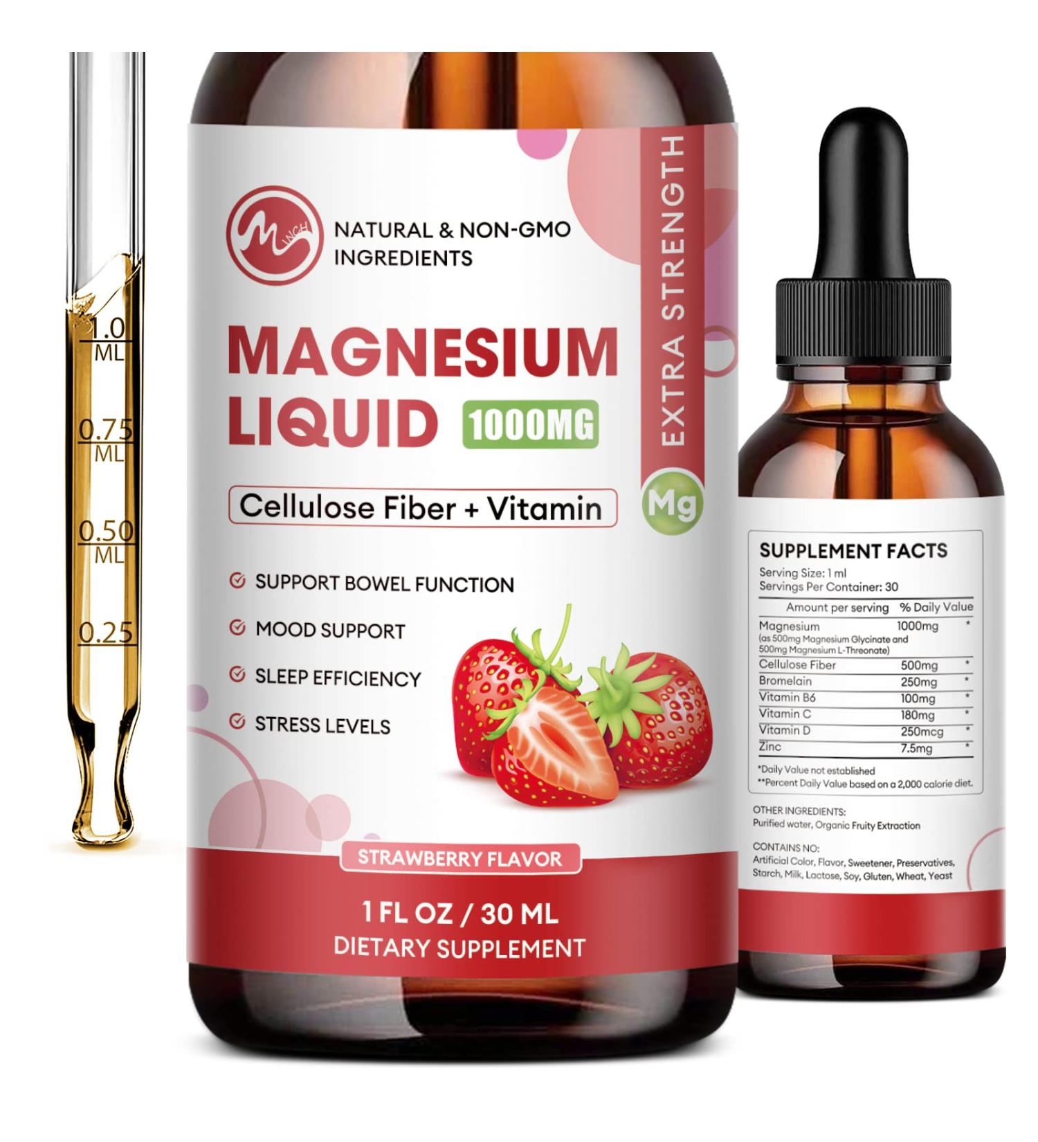 2 Pack Magnesium Glycinate Liquid Drops with Threonate, Fiber, Bromelain & Vitamins - Promotes Nerve & Bowel Health - Strawberry Flavor - Buy Online on GoSupps.com