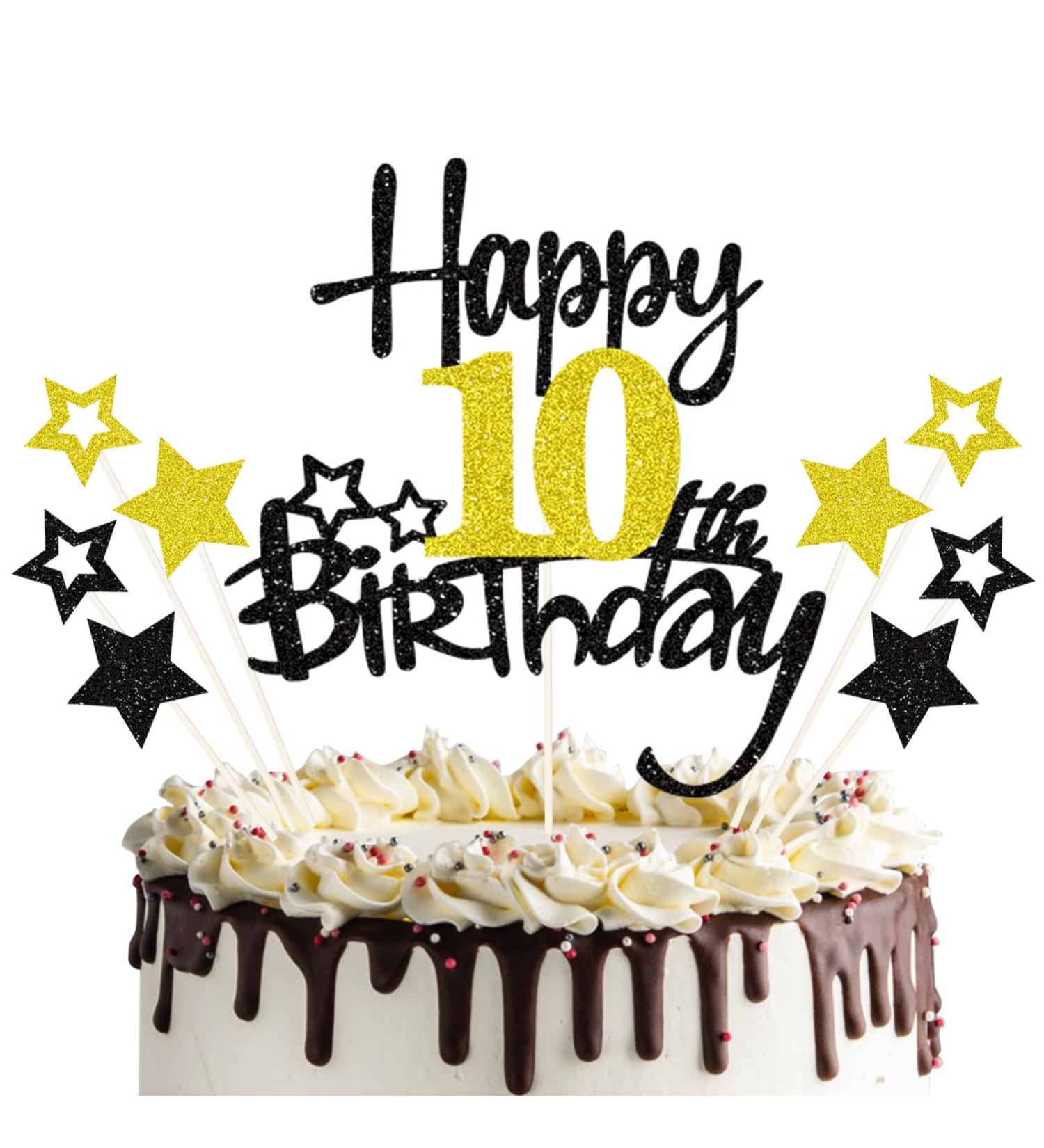 Happy 10th Birthday Cake Topper - Glittery 10 Years Party Decoration Black - Perfect for Cakes & Cupcakes! - Buy Online on GoSupps.com