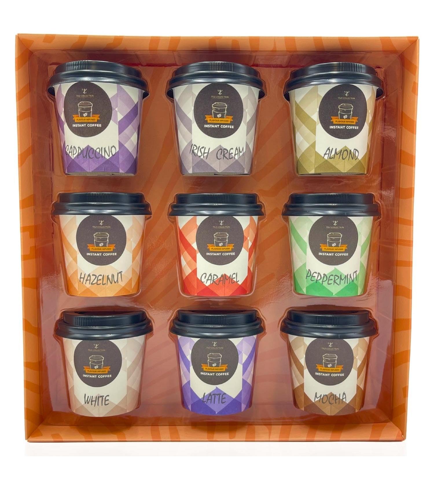 Coffee Gift Set - 9 Instant Coffee Travel Cup Set - Cappuccino Irish Cream Almond Hazelnut Caramel Peppermint White Latte and Mocha Flavoured Coffee - Birthday Gifts for Men and Women - Buy Online on GoSupps.com