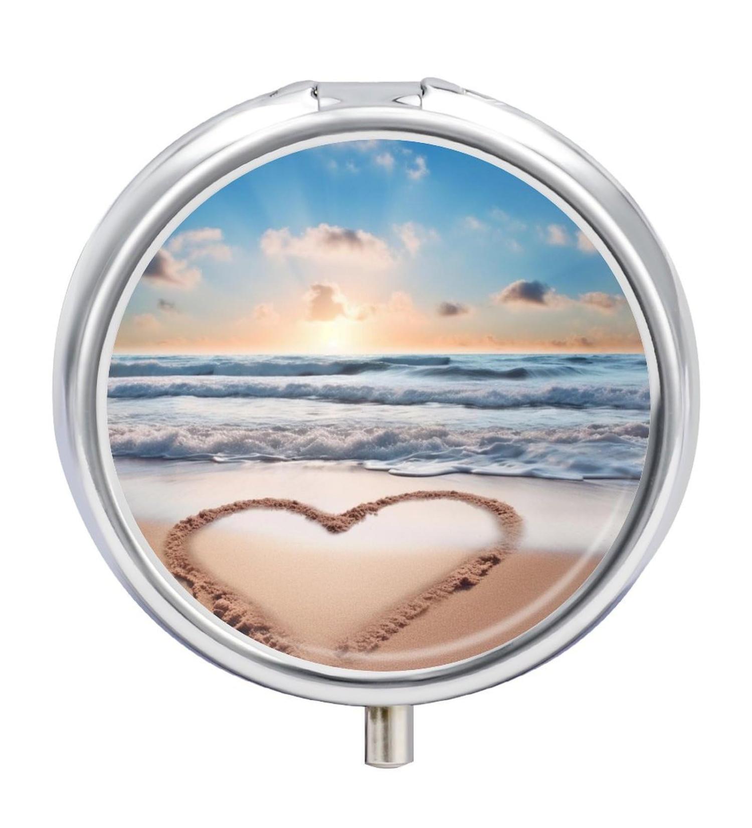 Portable Heart-Shaped Pill Box with 3 Compartments Romantic Beach Design Travel Organizer for Purse & Pocket - Buy Online on GoSupps.com
