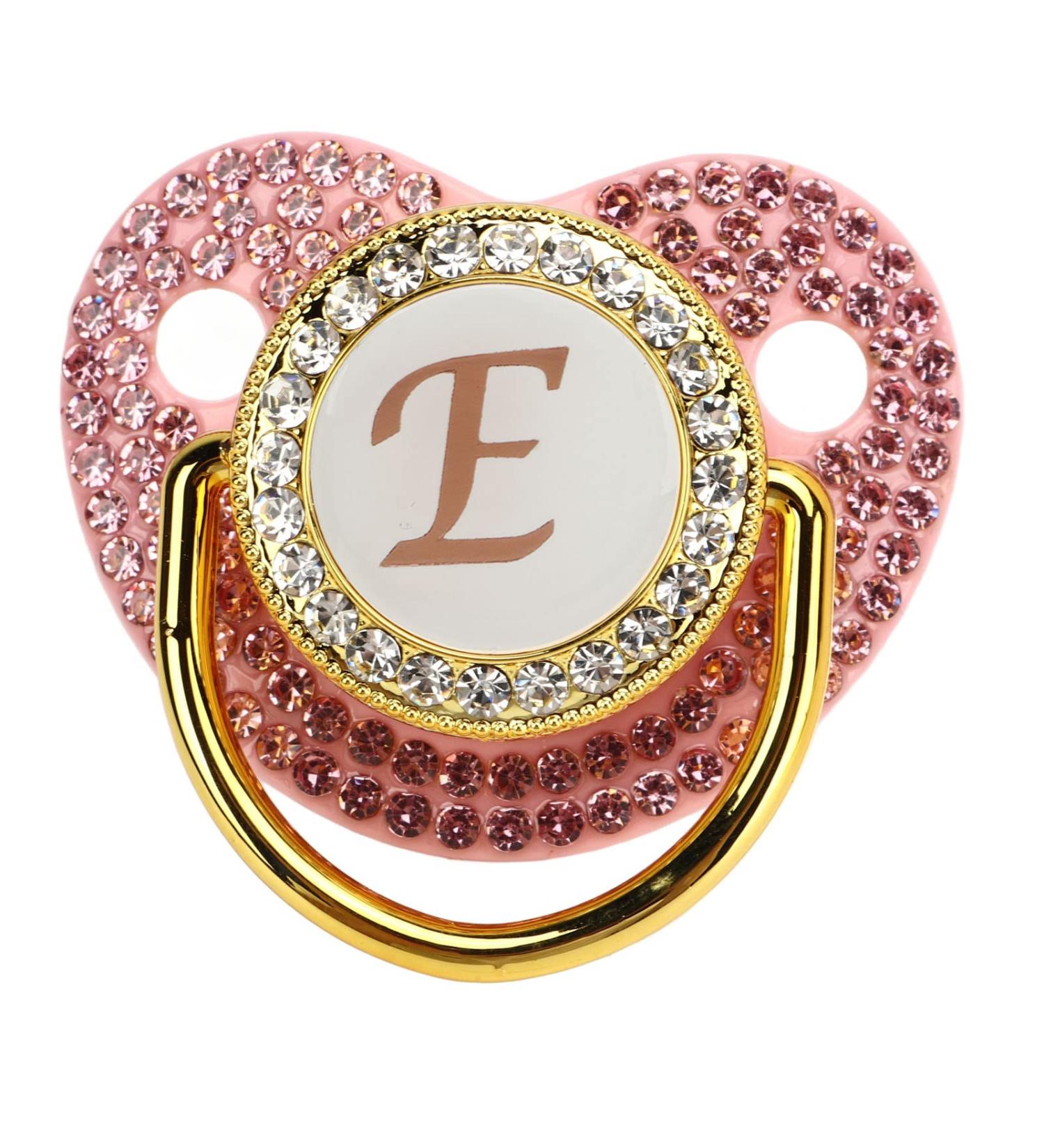 Ergonomic Golden Baby Pacifier Set with Rhinestones - Low Friction Stylish Home Use (Letter E) - International Shipping Available - Buy Online on GoSupps.com
