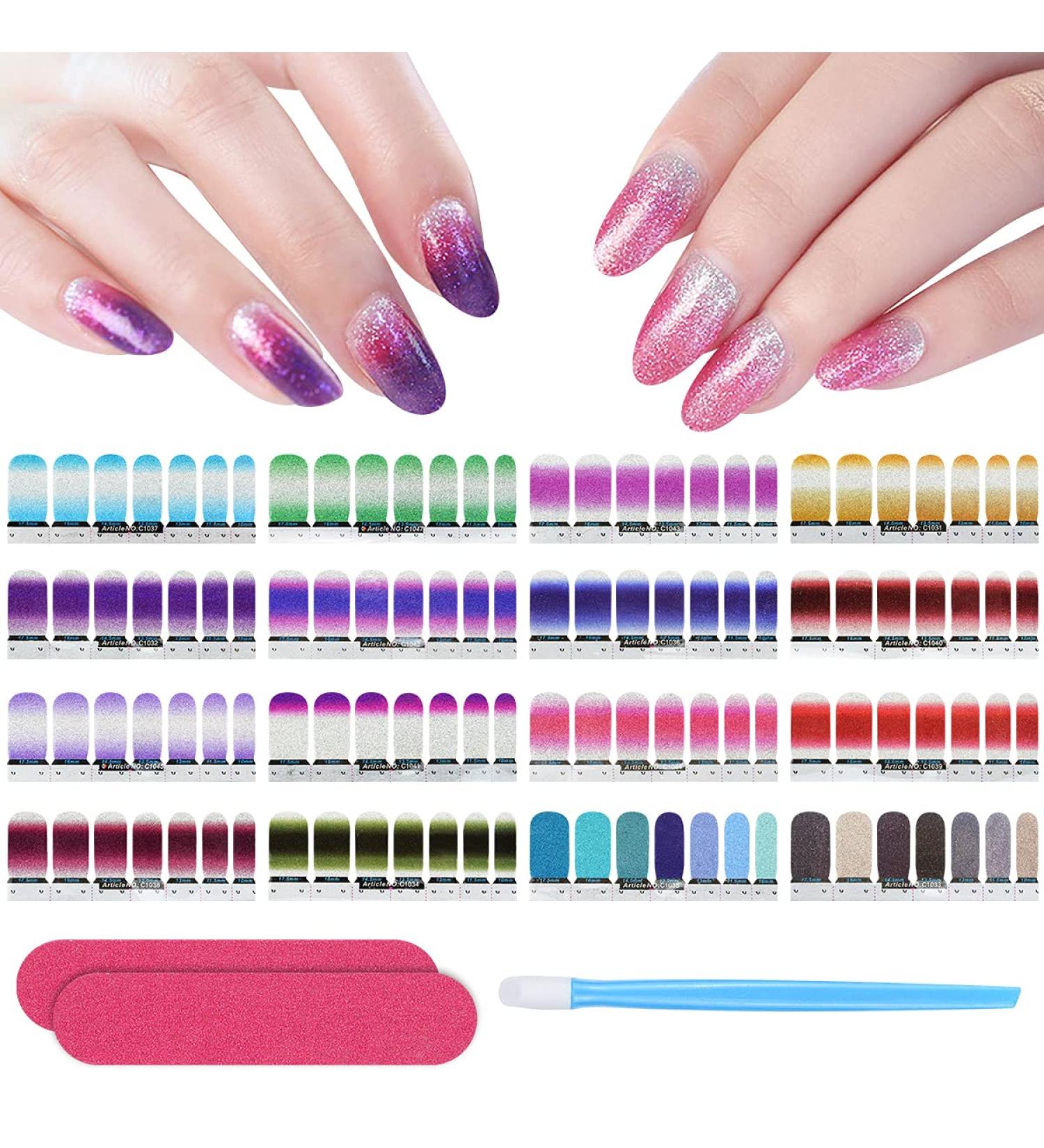 Self-Adhesive Nail Film - 14 Glitter Gradient Sheets (196 PCs) | Nail Art Stickers Manicure Set with Nail Files & Rubber Shaver for DIY Decoration - Buy Online on GoSupps.com