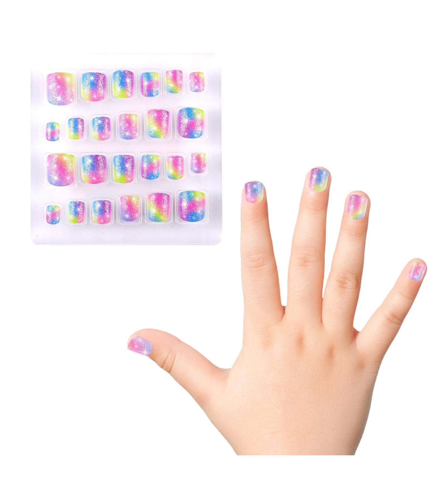 Kids Press On Nails | Colorful Glitter Fake Nails for Girls | Short Full Cover Adhesive Nail Tips | Pack of 24 | International Shipping - Buy Online on GoSupps.com
