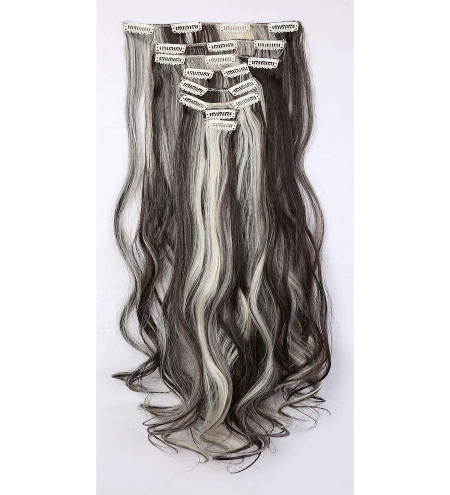 Clip-In Hair Extensions - 8 Tresses 18 Clips 60cm Wavy Dark Brown & Bleach Blonde Synthetic Hair Full Head Coverage - Buy Online on GoSupps.com