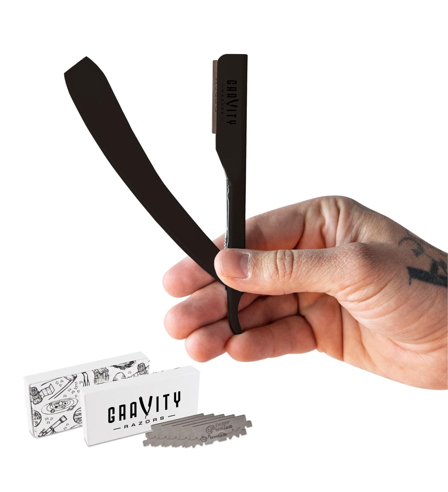 Premium Stainless Steel Barber Straight Razor Kit - Matte Black + 10 Derby Blades - Buy Online on GoSupps.com