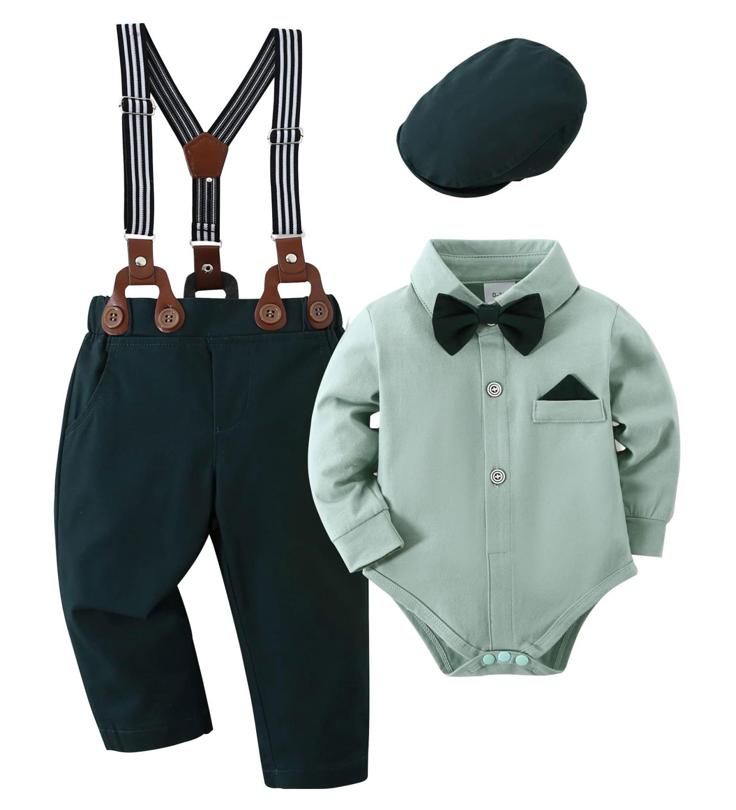 Amissz Baby Boy Gentleman Suit Set | Tuxedo Romper & Suspenders Pants | 12-18 Months Green - Buy Online on GoSupps.com