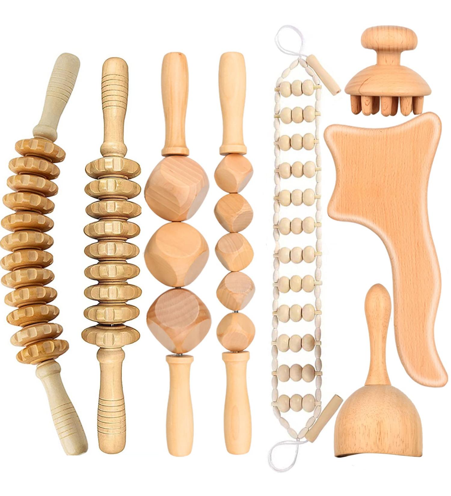 8PC Wooden Massage Therapy Tools Set | Gua Sha Scooter & Anti-Cellulite Massagers for Full-Body Muscle Pain Relief - Buy Online on GoSupps.com