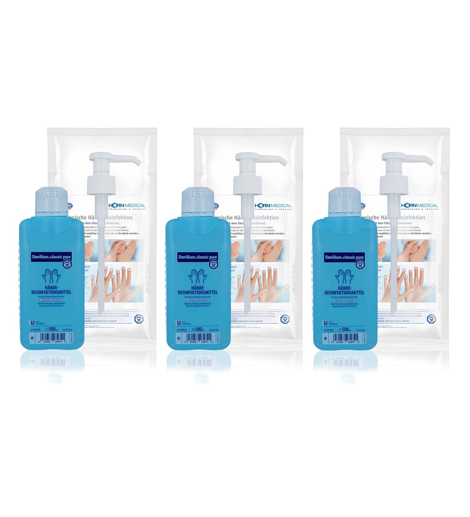 Horn Medical Dosing Pumps & Sterillium PURE Hand Disinfectant Set - 3 x 500ml | International Shipping - Buy Online on GoSupps.com
