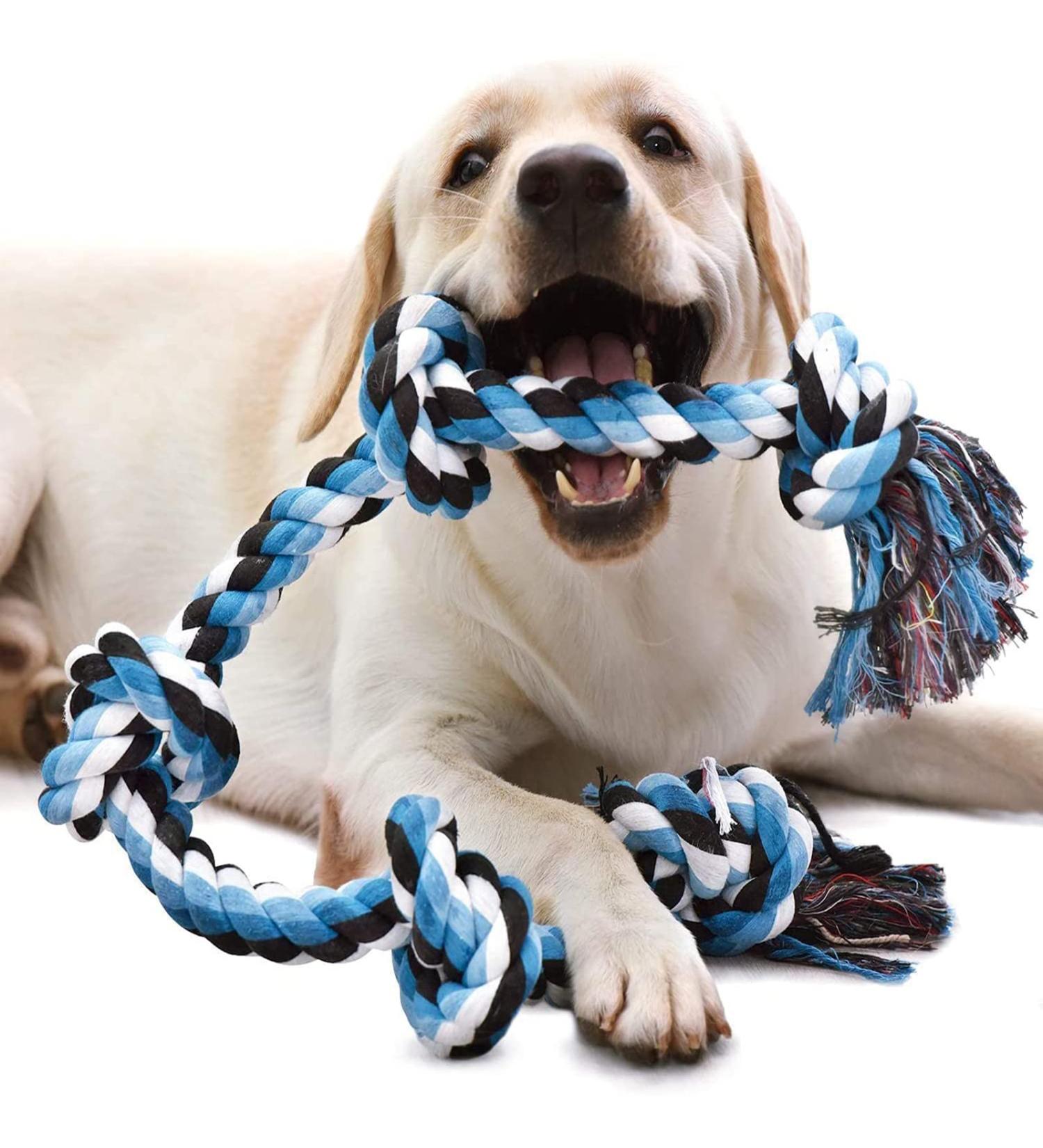 Luxmay Indestructible Dog Toys - Strong 92 cm Rope for Large & Medium Dogs - Durable Chew Toy with 5 Knots - Interactive Blue Dog Rope - Buy Online on GoSupps.com