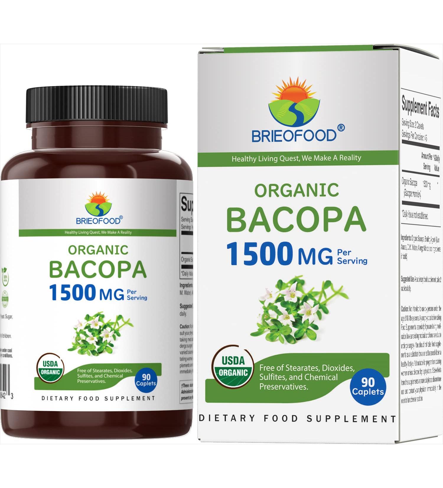 Brieofood Organic Bacopa 1500mg 45 Servings Vegetarian Gluten Free 90 Vegetarian Tablets 90 Count (Pack of 1) - Buy Online on GoSupps.com