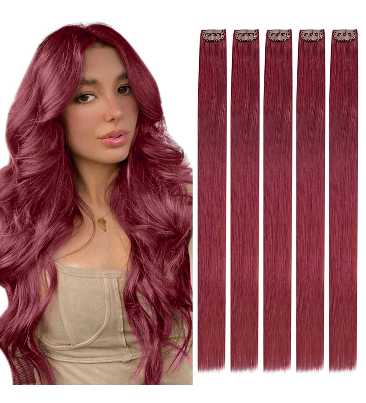 Burgundy Clip-In Hair Extensions | Real 18-Inch Burgundy Clips | 5-Piece Set - Runature - Buy Online on GoSupps.com
