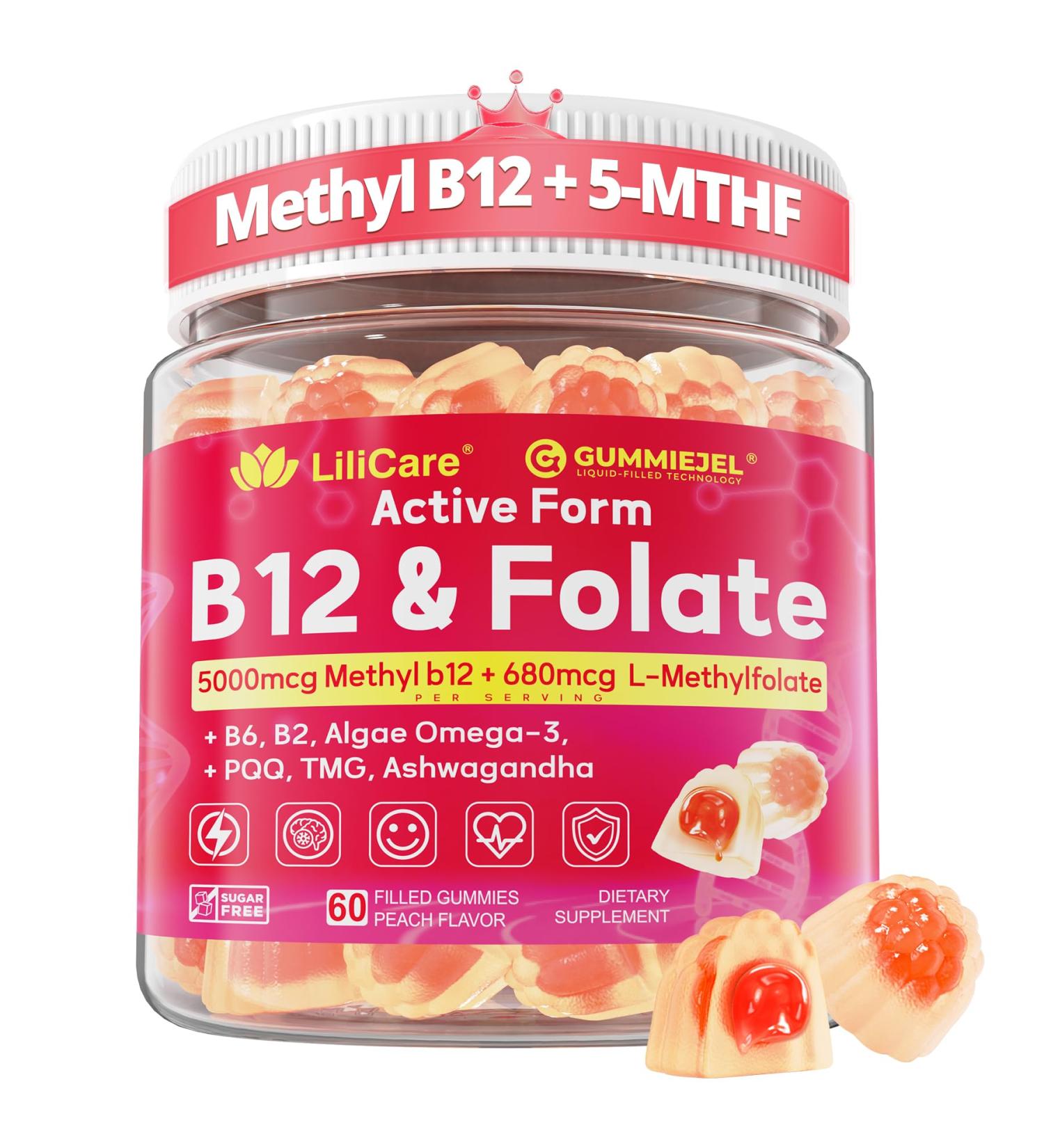 Methyl B12 5000mcg & L-Methylfolate Gummies for Women Men - Active 5-MTHF & Methylted B-Complex Multivitamin Supplement + B6 Choline TMG for Cellular Energy Cognition Methylation MTHFR Gene 60Cts 60 Count (Pack of 1) - Buy Online on GoSupps.com
