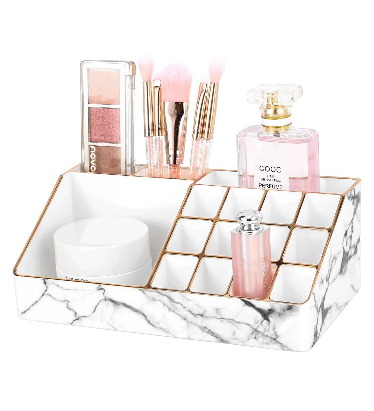 Lewondr Marble White Makeup Organizer - 12 Lipstick Slots, 4 Compartments Cosmetic Storage Display Case with Gold-Stamped Edges - Ideal for Lipsticks, Brushes - 8.5x4.7 Inches - Buy Online on GoSupps.com