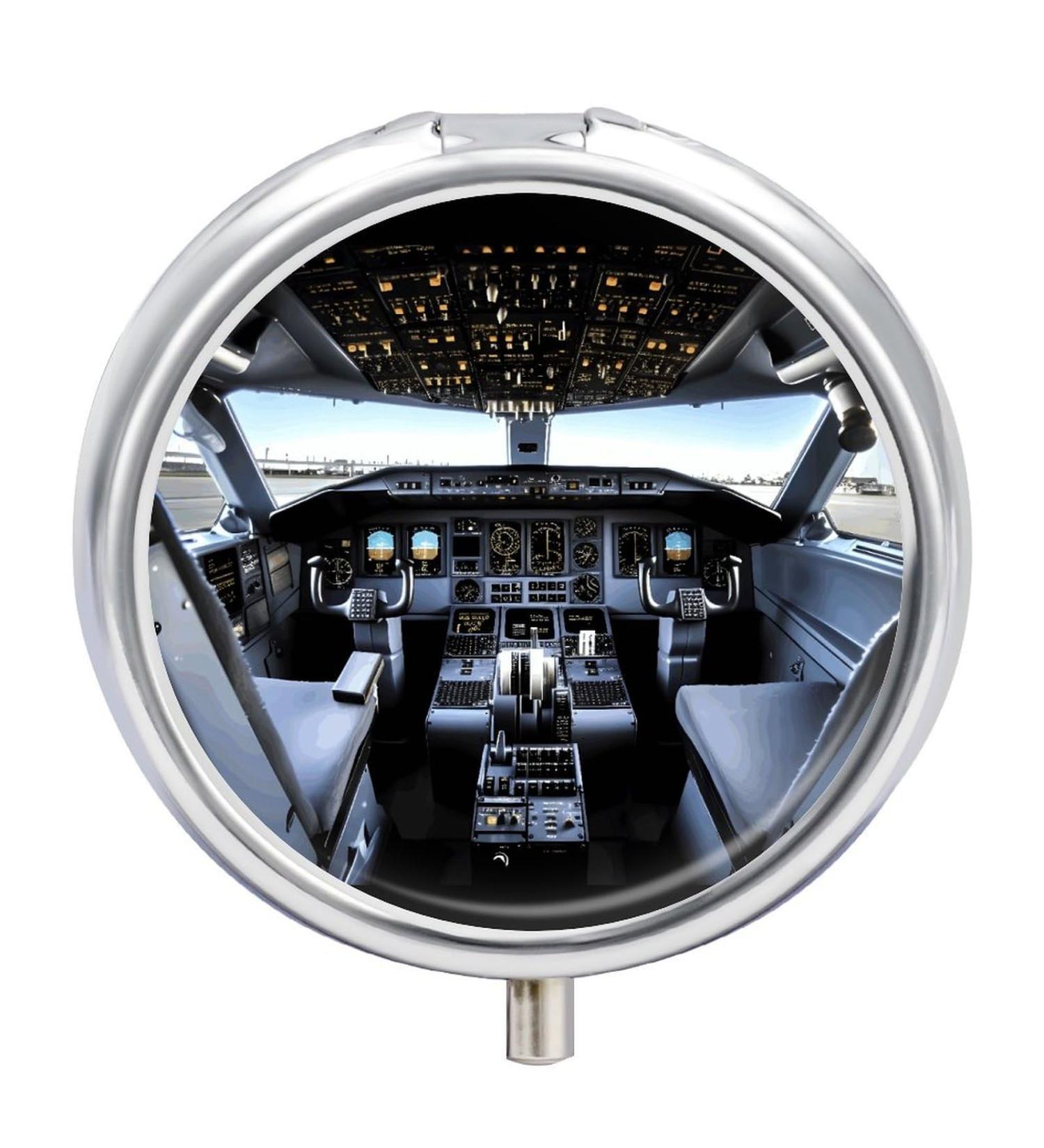 Round Pill Box with Airplane Cockpit Print | 3-Compartment Decorative Metal Pill Organizer | Portable Pocket Medicine Case - Buy Online on GoSupps.com
