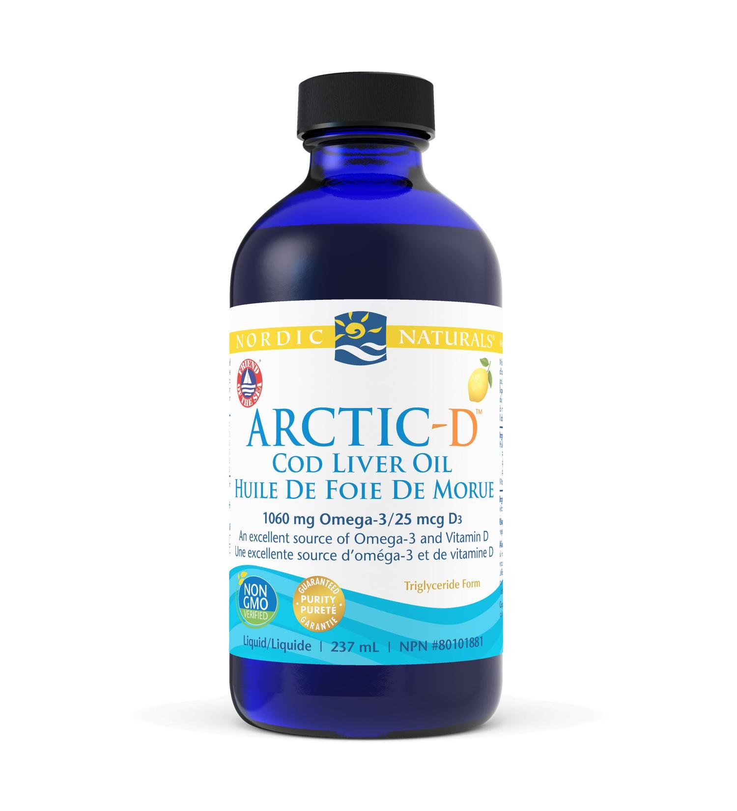 Nordic Naturals Arctic-D CLO - Cod Liver Oil With Added Vitamin D3 for Bone Health and Mood Support Promotes Heart and Brain Health Lemon 237 mL - Buy Online on GoSupps.com