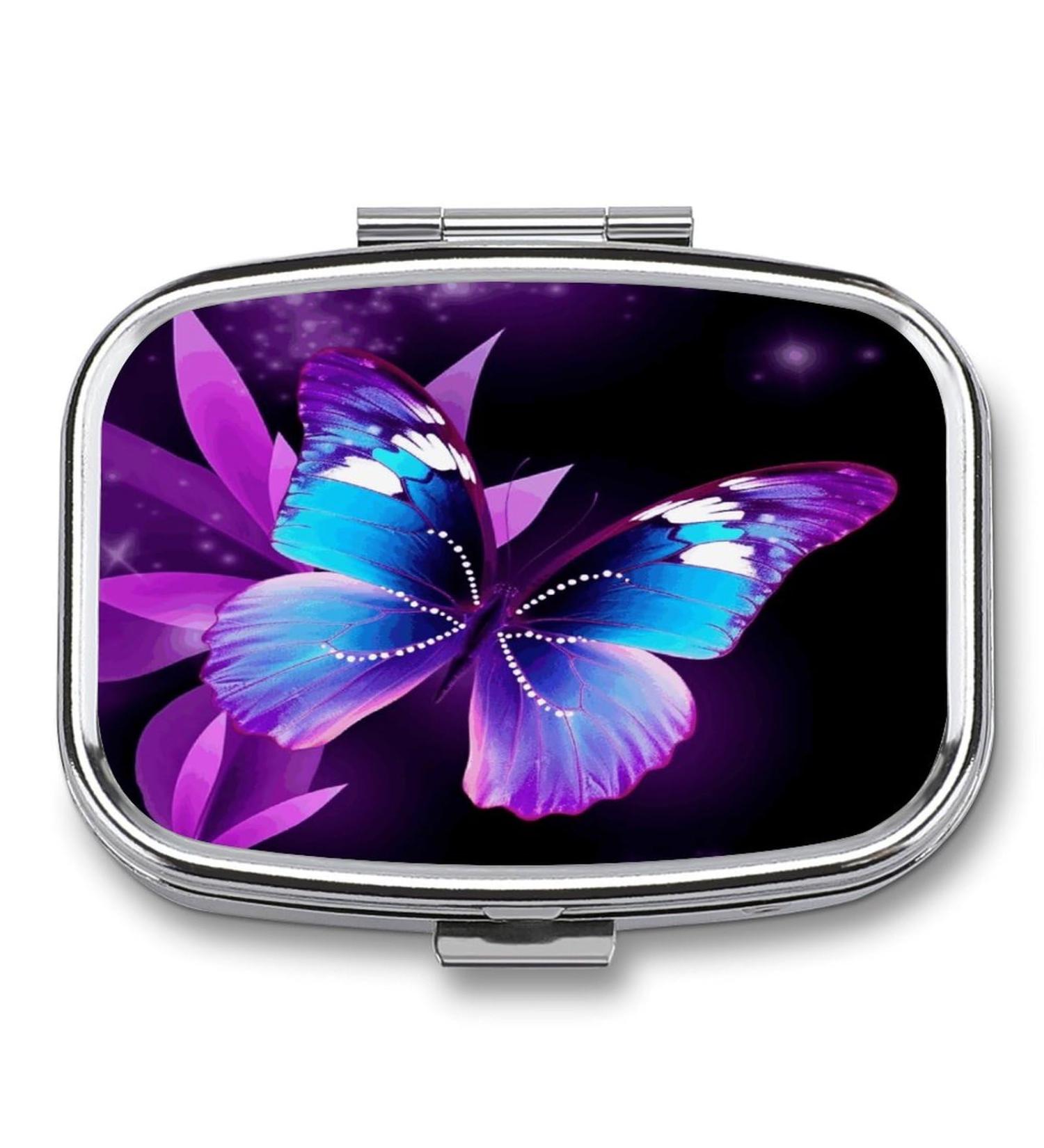 Buy Decorative Blue Purple Butterfly Print Pill Box - 2 Compartment Portable Medicine Organizer for Pocket or Purse | International Shipping Available - Buy Online on GoSupps.com
