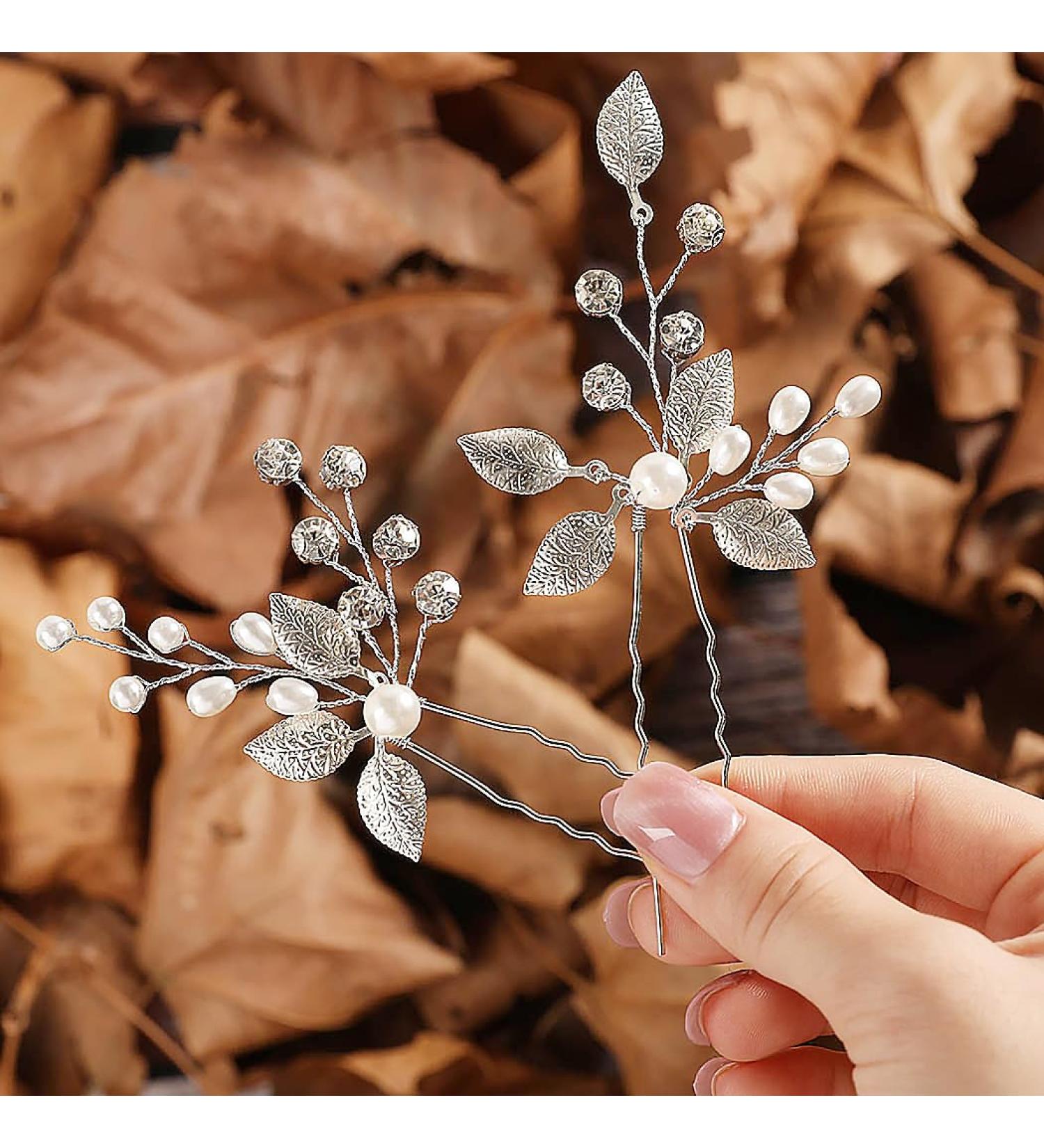 Fashband Bridal Hair Pins Clips - Silver Leaf Opal Pearl Accessories for Women & Girls (Pack of 2) - Buy Online on GoSupps.com