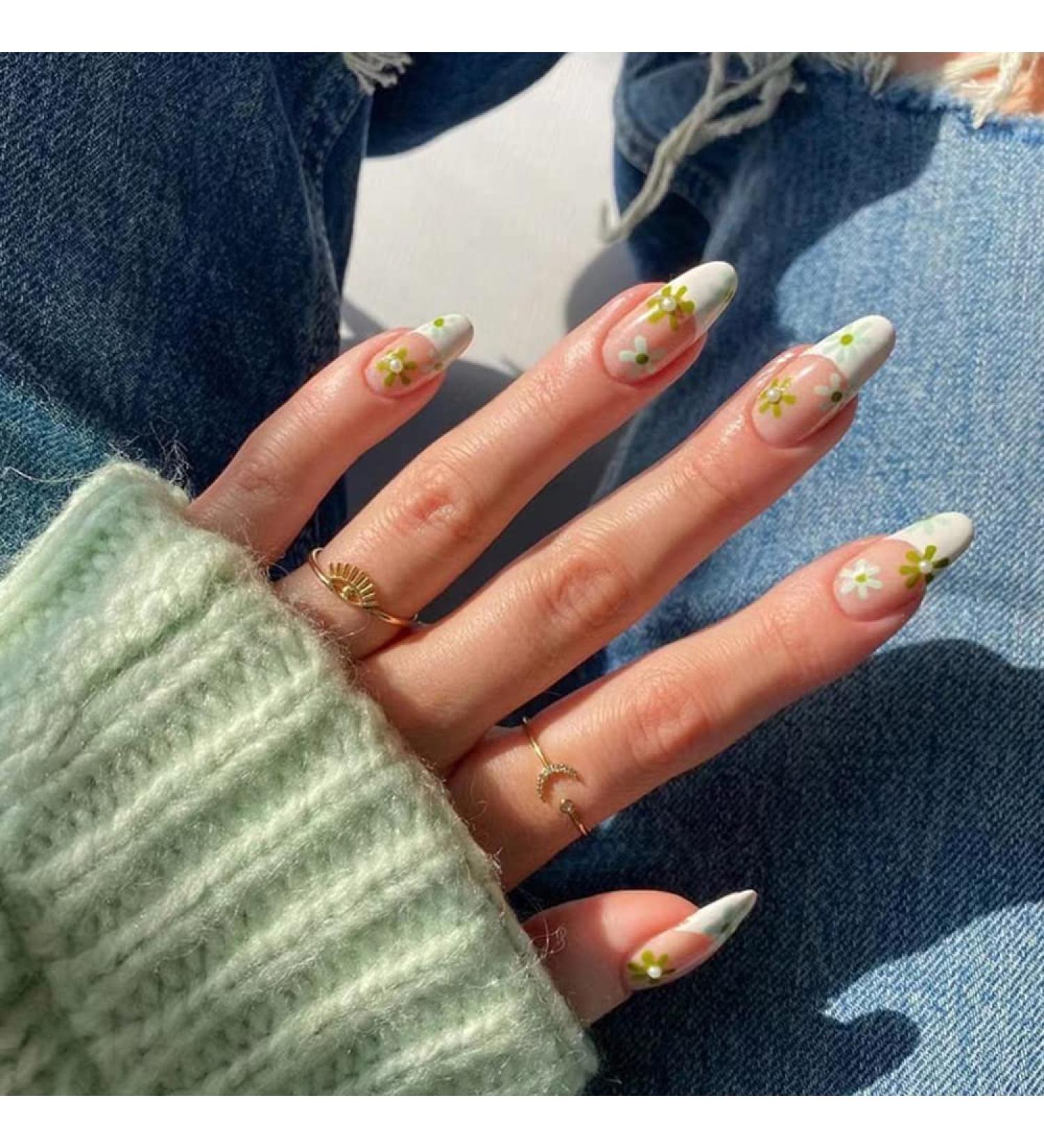 Spring Nails: White French Tip Press-On Medium Almond Shape with Camellia Green Flower | 24 Full Cover Natural Nude Fake Nails for Women - Buy Online on GoSupps.com