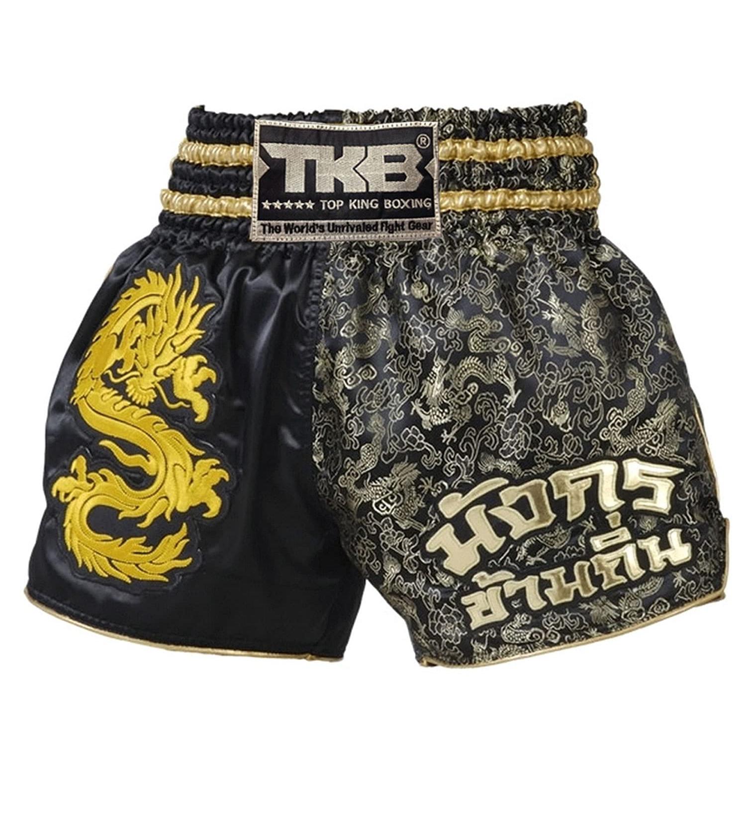 TOP KING Boxing Muay Thai Shorts Trunks Normal Style Black/Gold Dragon Large