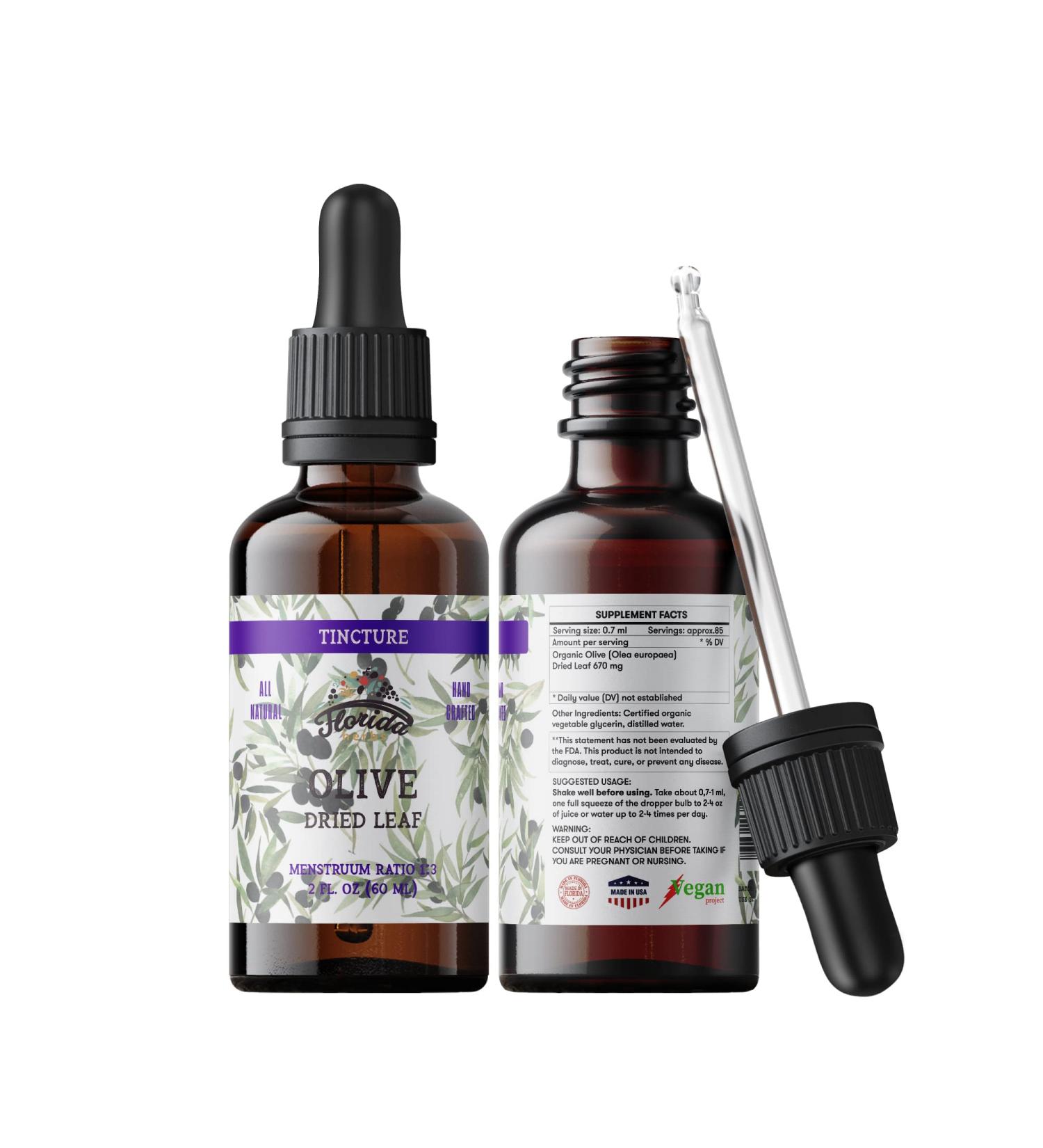 FLORIDA HERBS Organic Olive Leaf Tincture Olive Extract Liquid (Olea europaea) Dried Leaf Herbal Supplement Non-GMO in Cold-Pressed Organic Vegetable Glycerin 700 mg 2 oz (60 ml) 2 Fl Oz (Pack of 1)