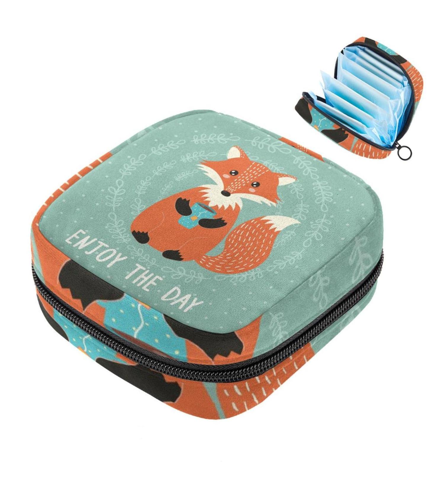 Menstruation Pad Bag with Zipper - Stylish Women's Napkin & Tampon Collection Bag | Fox Drinks Coffee - Color 2 - Buy Online on GoSupps.com