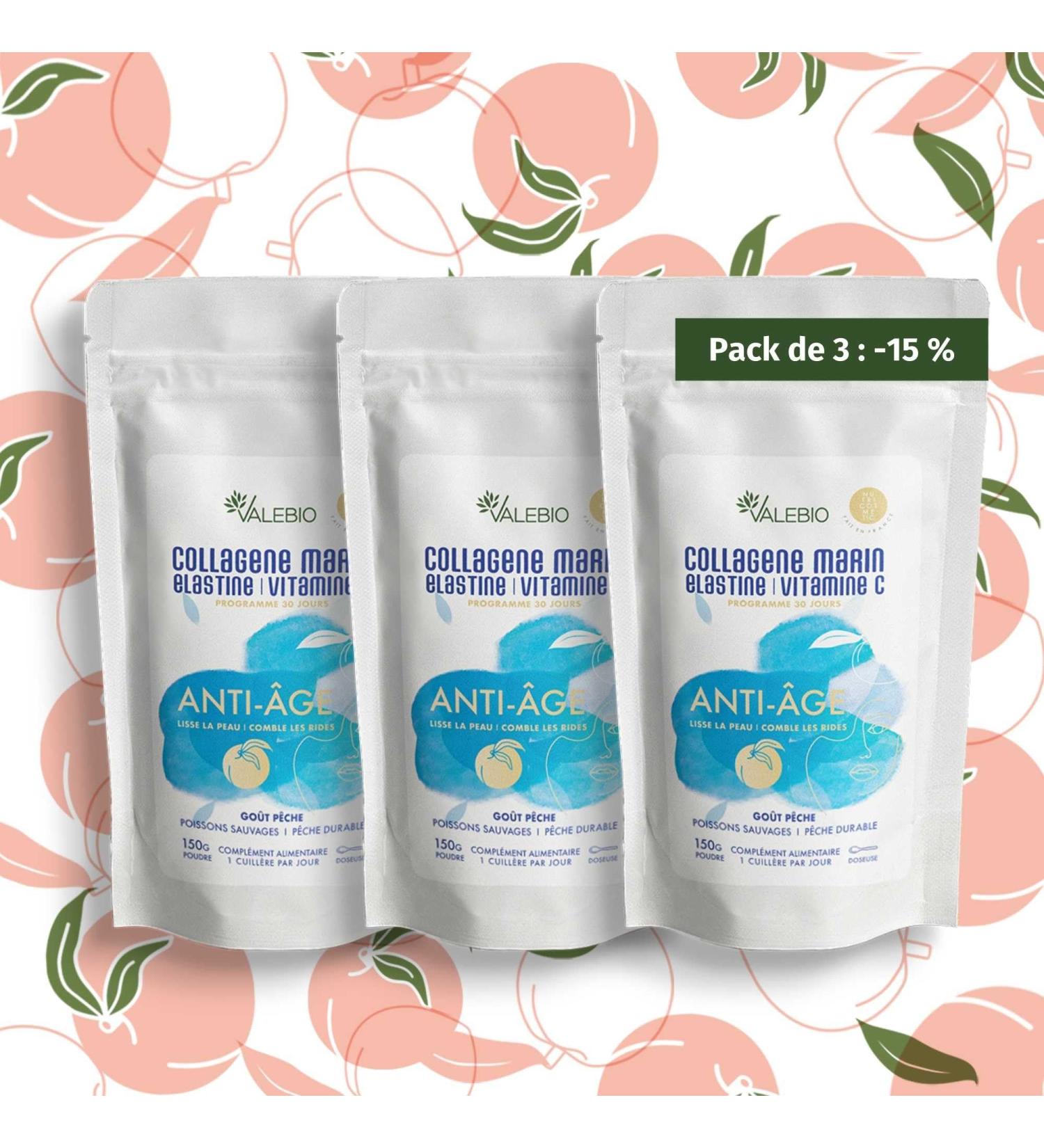 Pack of 3 Peach Flavor Powder Marine Collagen Type 1-3 Elastin & Vitamin C | Anti-Aging & Anti-Wrinkle | 150g | Cure 1 Month | Made in France | Valebio - Buy Online on GoSupps.com