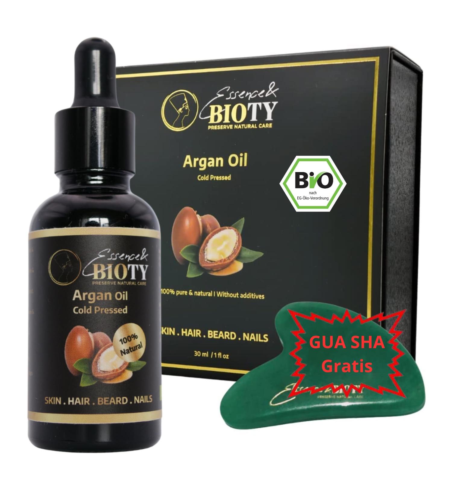 Essence & Bioty Argan Oil 30 ml - Cold Pressed 100% Pure in Miron Glass Bottle with Pipette + GUA SHA Stone: Nourishing Oil for Skin Hair Face - Buy Online on GoSupps.com