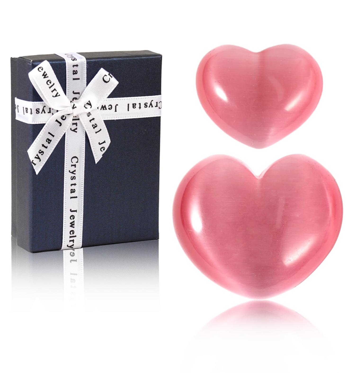 Soothing Pink Cat's Eye Crystal Heart Worry Stones Set for Reiki & Meditation - 2Pcs (3cm & 4.5cm) | Healing Gemstone Gift - Buy Online on GoSupps.com