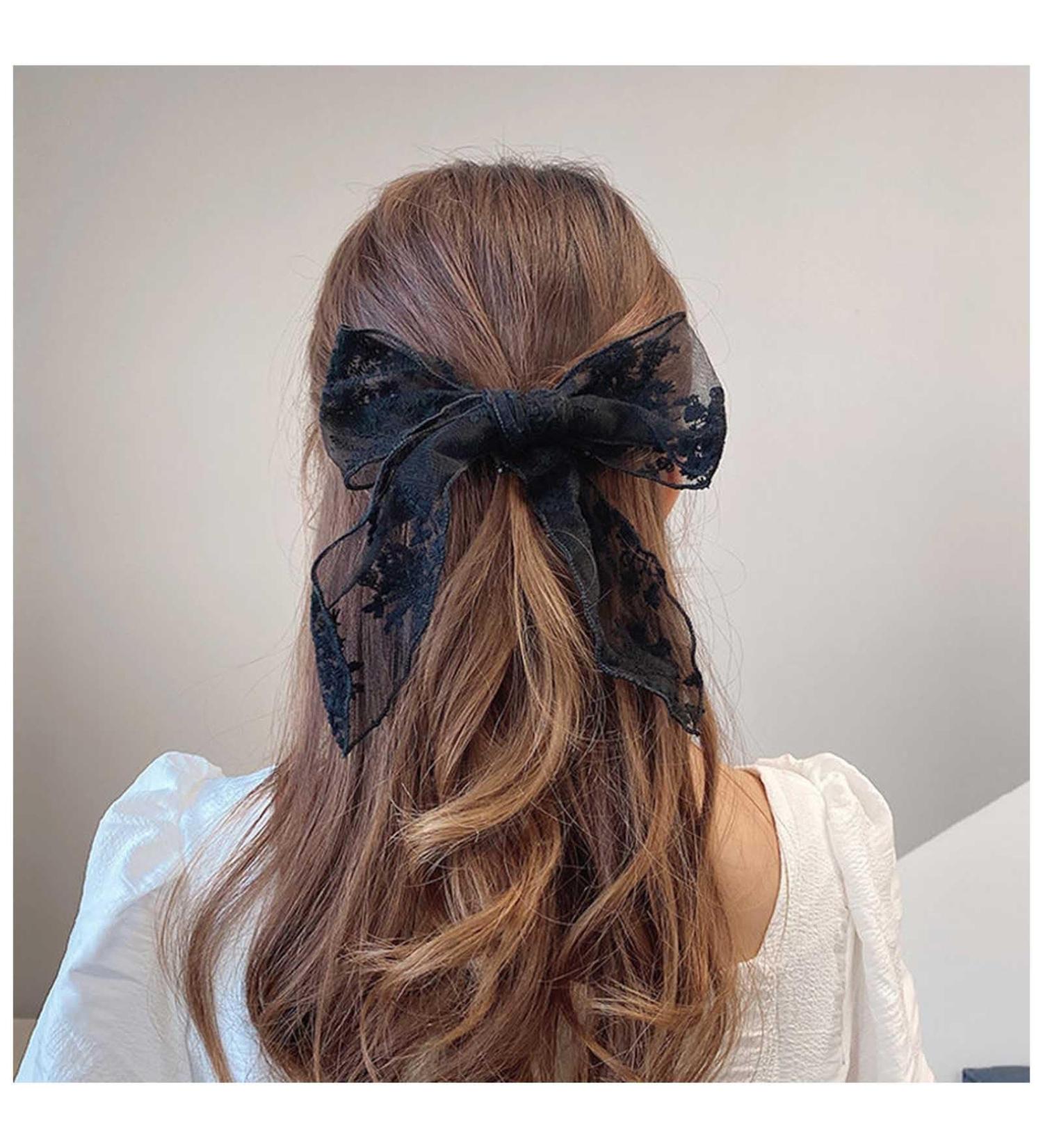 Xmsrn Vintage Large Bow Lace Hair Clip Barrette Black Bow Lace Hair Barrette French Bow Mesh Head Black Silk Bow Hair Accessories for Women and Girls (Black) - Buy Online on GoSupps.com
