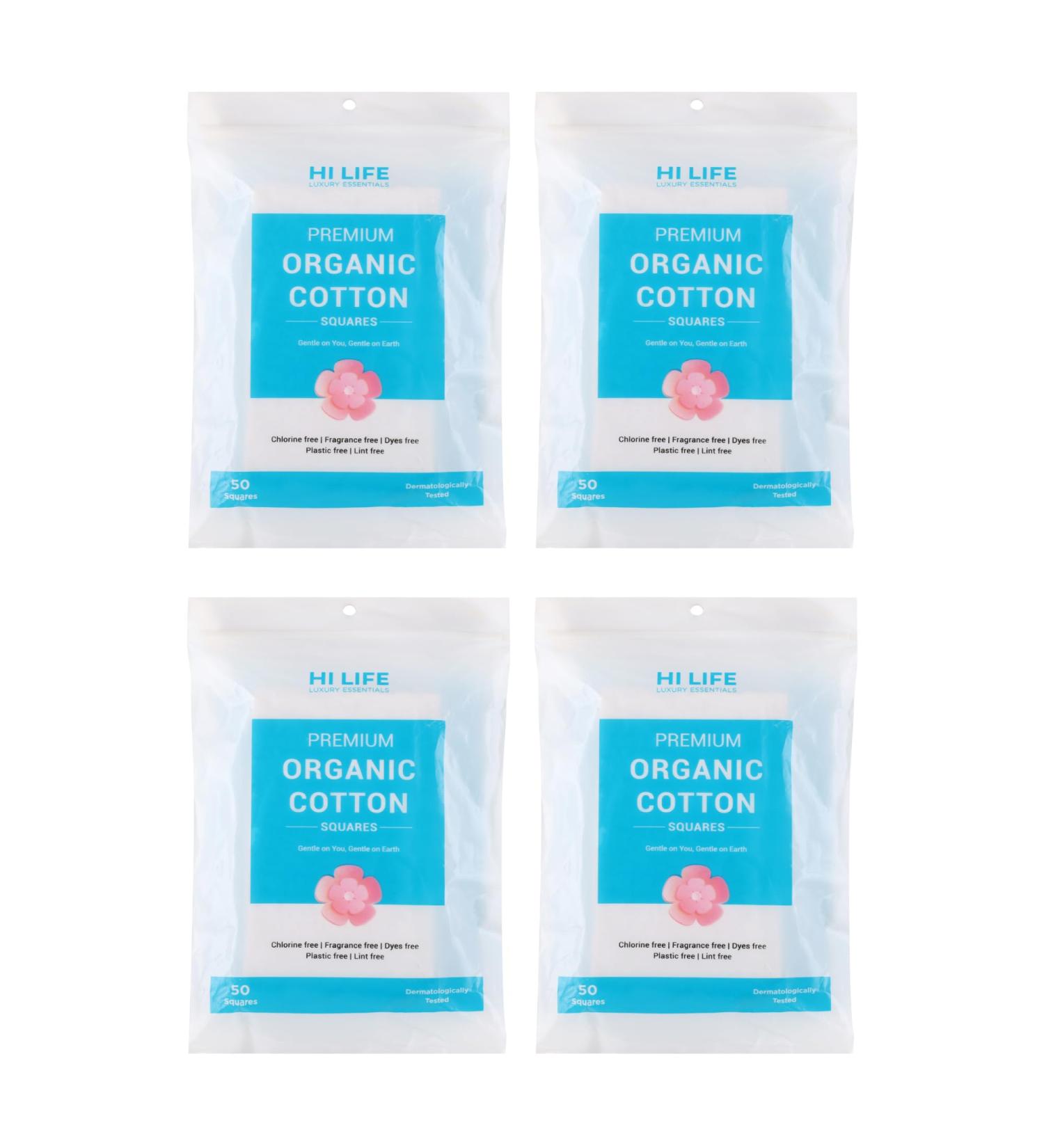 Hi Life Premium Organic Square Cotton Makeup Remover Pads - 200 Pack of 4 for Gentle Face Cleaning | Eco-Friendly Reusable Wipes for All Skin Types - Buy Online on GoSupps.com
