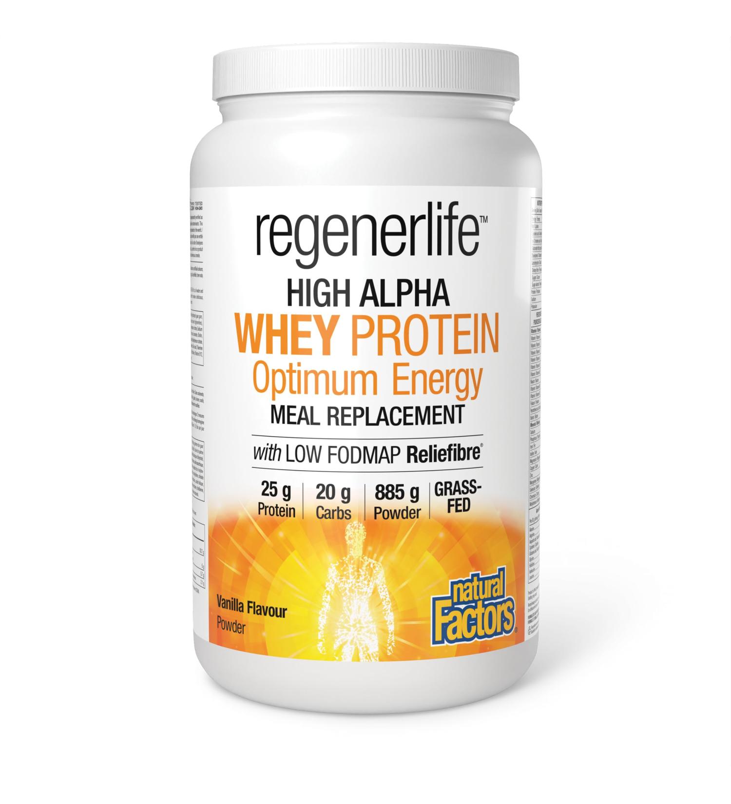 Natural Factors Regenerlife High Alpha Whey Protein Vanilla Flavour 885g powder Helps You Feel Full Longer 25g of protein per serving 5g of Low-FODMAP Reliefibre per serving Grass-Fed Whey - Buy Online on GoSupps.com