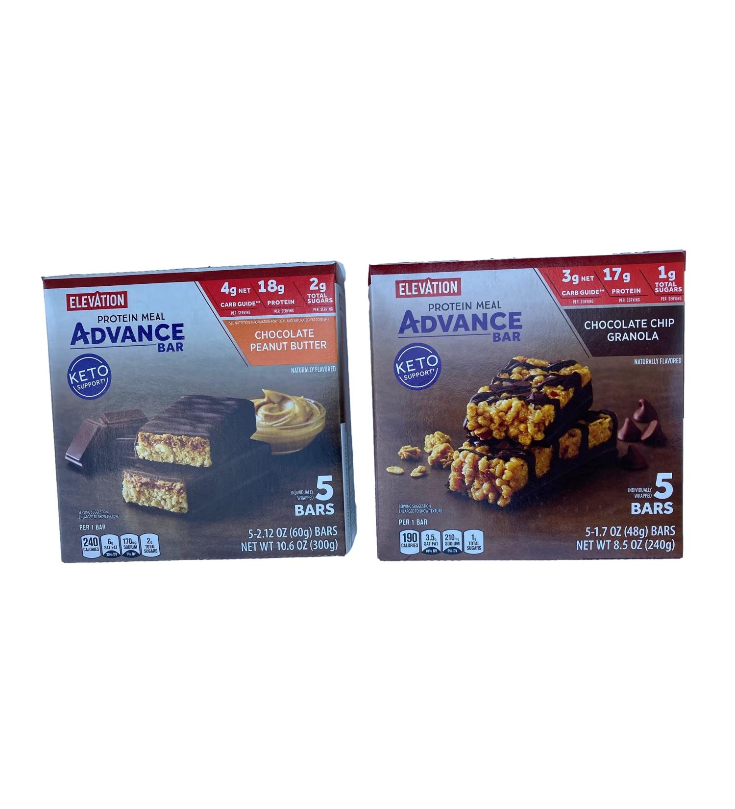 Elevation Protein Meal Advance Bar Keto Support Chocolate Peanut Butter and Chocolate Chip Granola 8.5oz 240g (Two Boxes)
