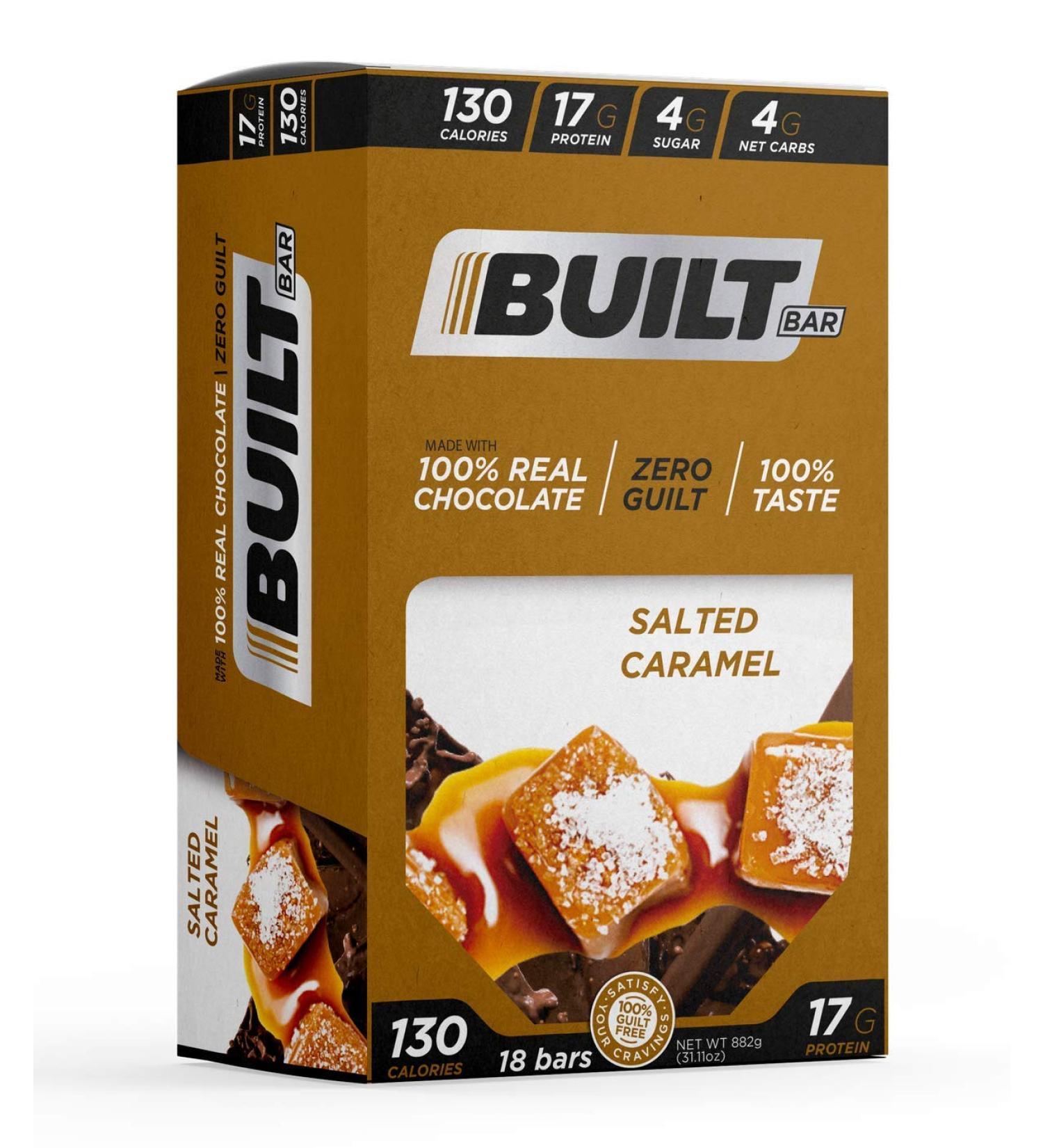 Built Bar Protein Bar High Protein Low Sugar Low Carb Low Calorie 17g Protein 18/box (Salted Caramel) Click to open expanded view Protein Bar High Protein Low Sugar Low Carb Low Calorie 17g Protein 18/box (Salted Caramel) Salted Caramel 18 Count (Pack of 