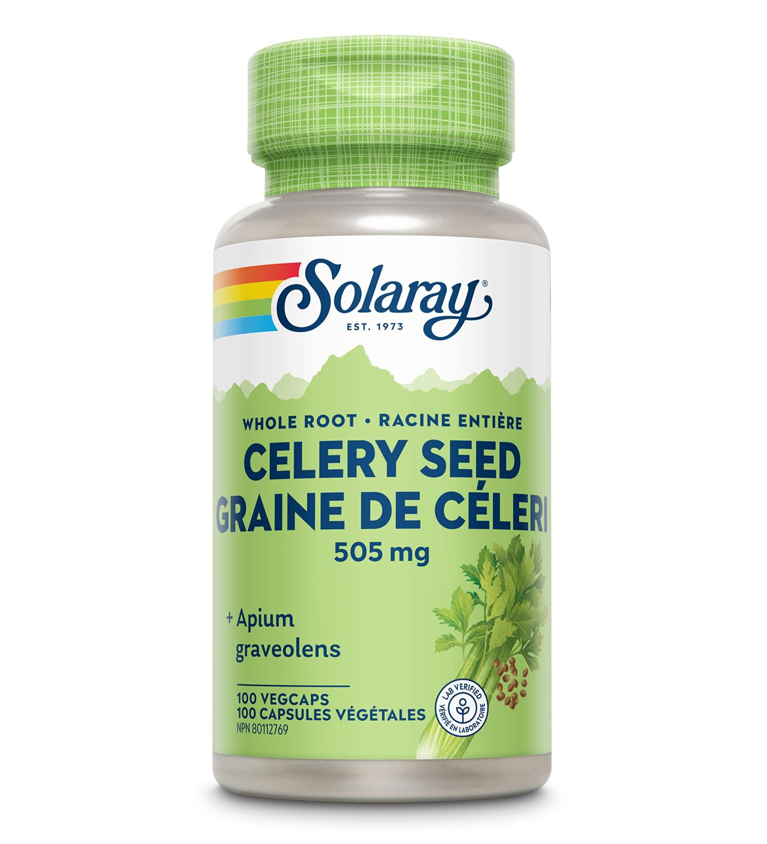 SOLARAY Celery Seed 505mg| Herbal Support | Apium Graveolens Whole Root| Dietary Supplement | Vegan Lab Verified | 100 Vegetarian Capsules
