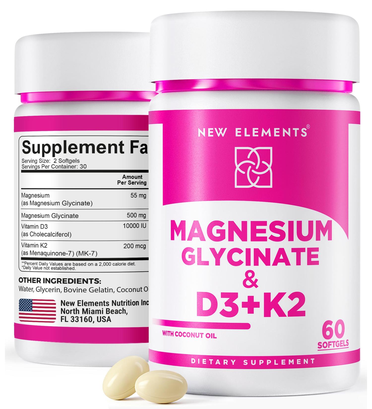 Magnesium Glycinate 500mg with High-Potency Vitamin D3 10 000 IU & Vitamin K2 200mcg | Enhanced with Coconut Oil for Optimal Absorption | Non-GMO Gluten-Free Sugar-Free Softgels (60 softgels) - Buy Online on GoSupps.com