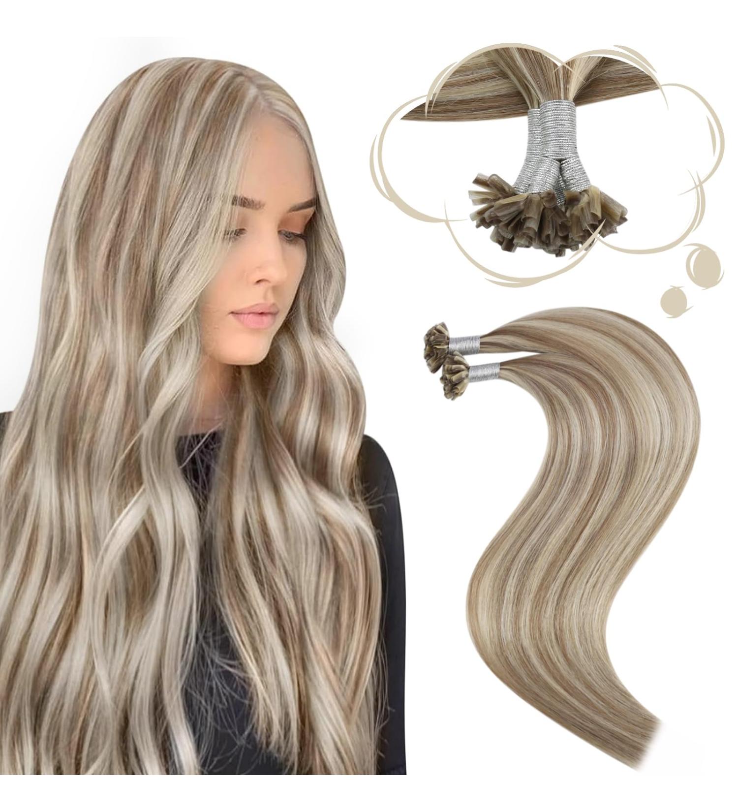 Moresoo Bonding Extensions | Real Hair U-Tip Keratin Extensions | Blond Strands | Remy Hot Fusion | #P9A/60 Light Brown & Platinum Blond | 50g 50cm - Buy Online on GoSupps.com