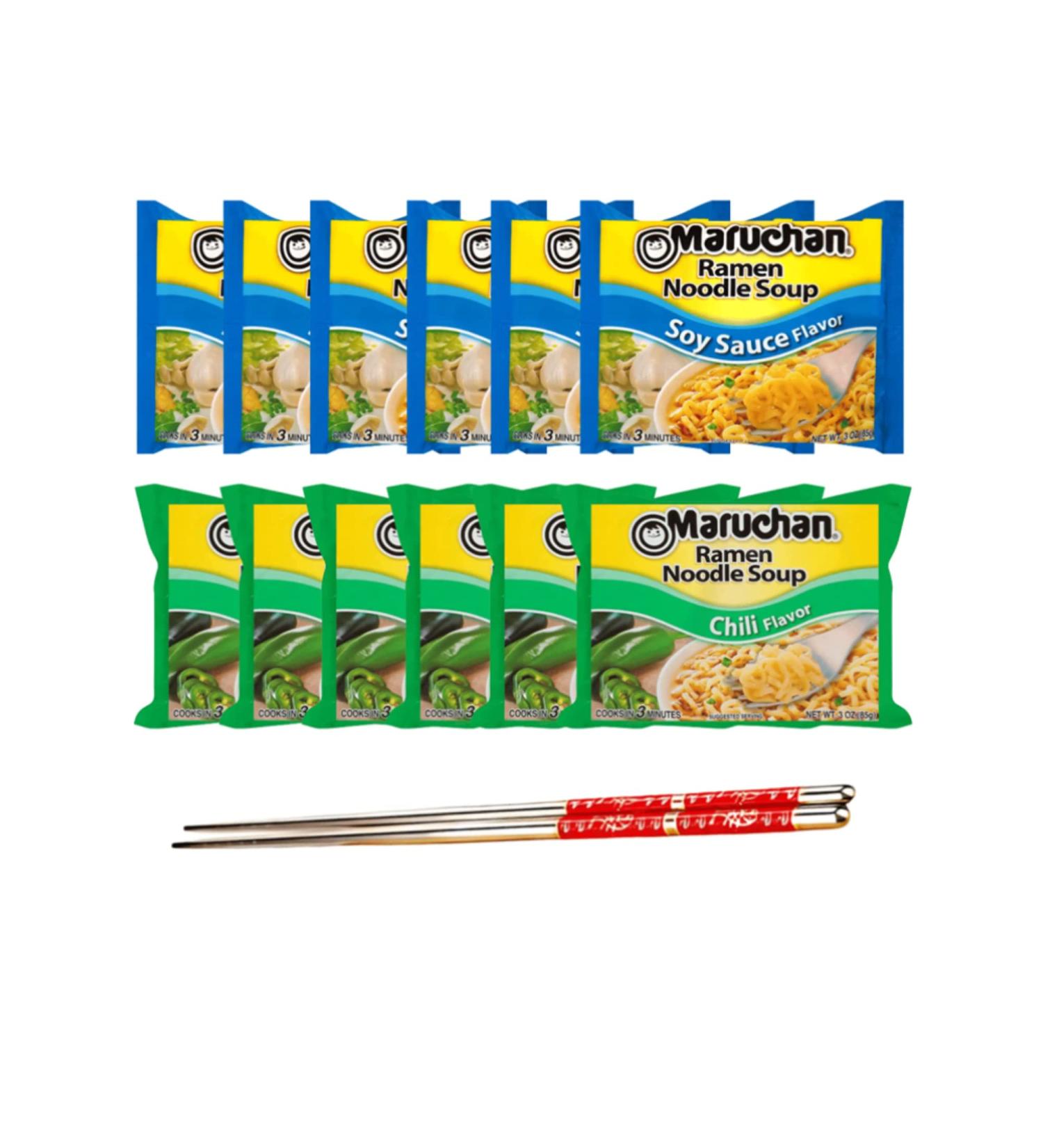 Ja Cor Instant Ramen Noodle Soup Variety Pack 2 Flavors (6) Soy Sauce (6) Chili Flavor Noodles 3 oz. Bundle with 1-Set of Reusable Stainless Steel Chopsticks (12 Individual Packs) - Buy Online on GoSupps.com