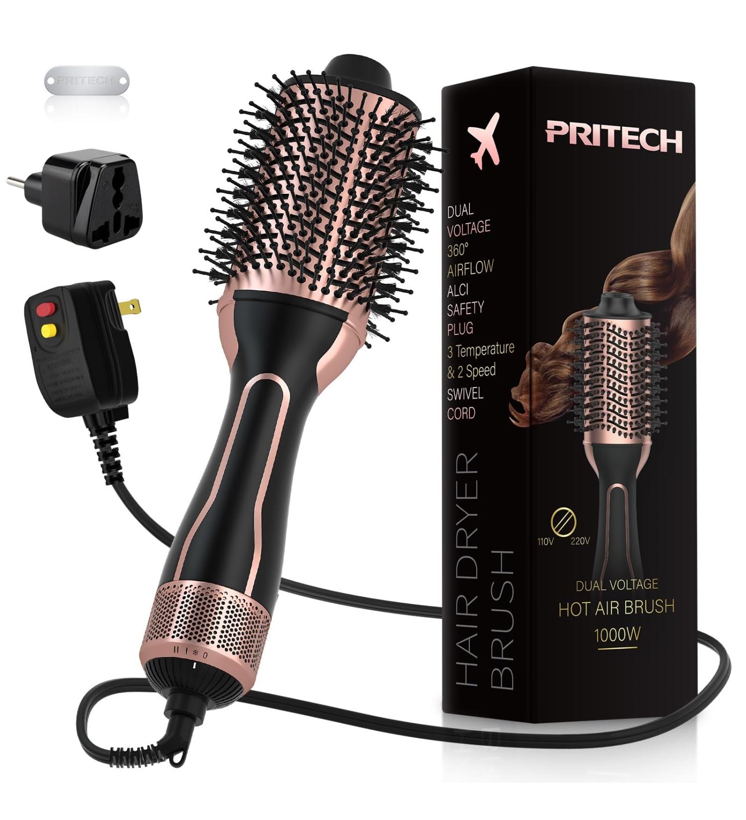 PRITECH Dual Voltage Hair Dryer Brush - 4 in 1 Ionic Hot Air Styler for Salon-Curling & Straightening - 1000W Ceramic Coating - Buy Online on GoSupps.com