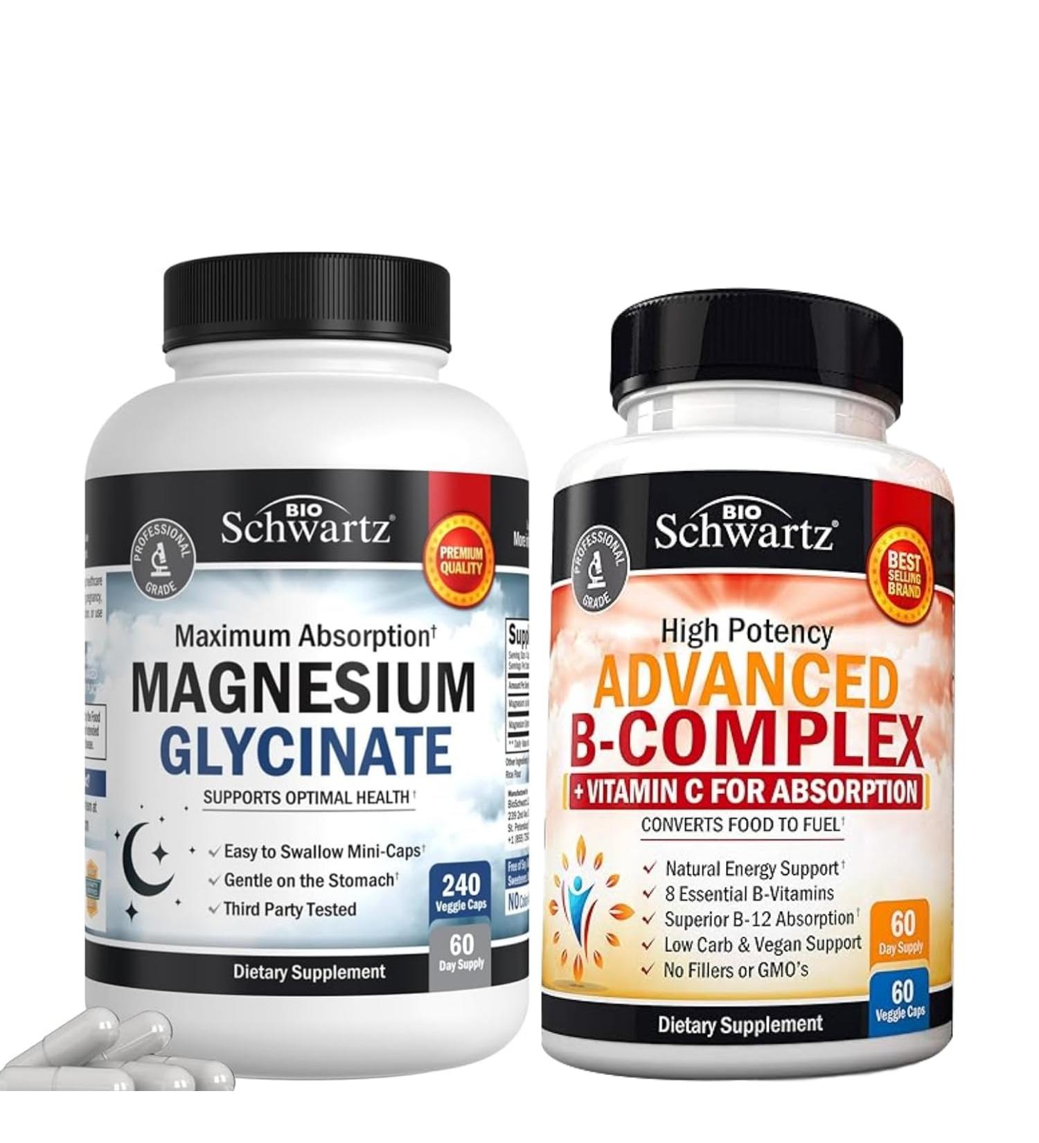 BioSchwartz High Absorption Magnesium Glycinate 500mg Capsules (2 Month Supply) Plus Vitamin B Complex with Vitamin C (2 Month Supply) - Buy Online on GoSupps.com