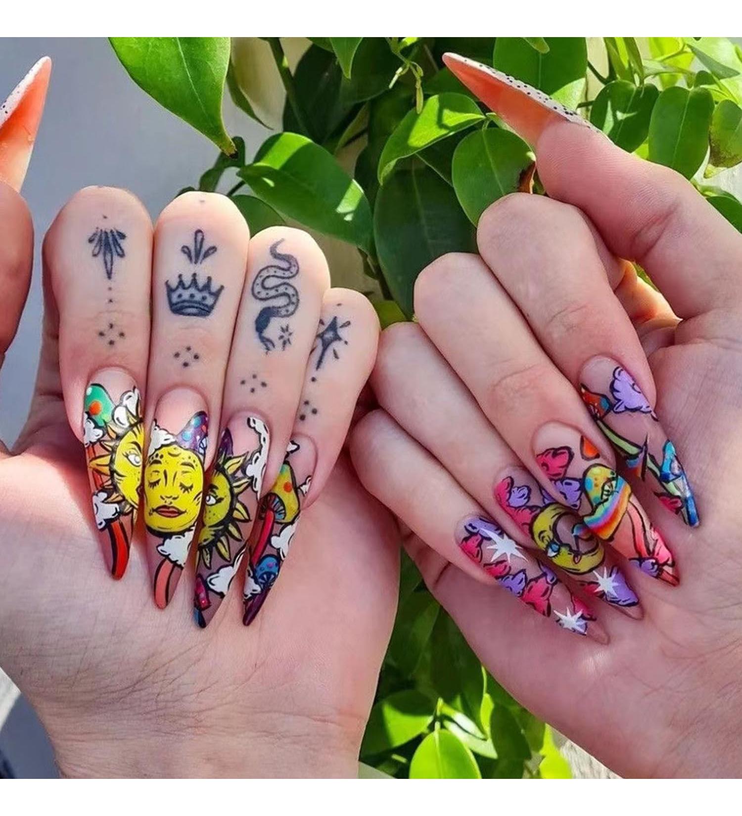 24Pcs Colorful Stiletto Press-On Nails | Glossy Acrylic Sun Moon Cloud Design | Reusable Almond Shape Fake Nails for Men & Women | Perfect for Manicure - Buy Online on GoSupps.com