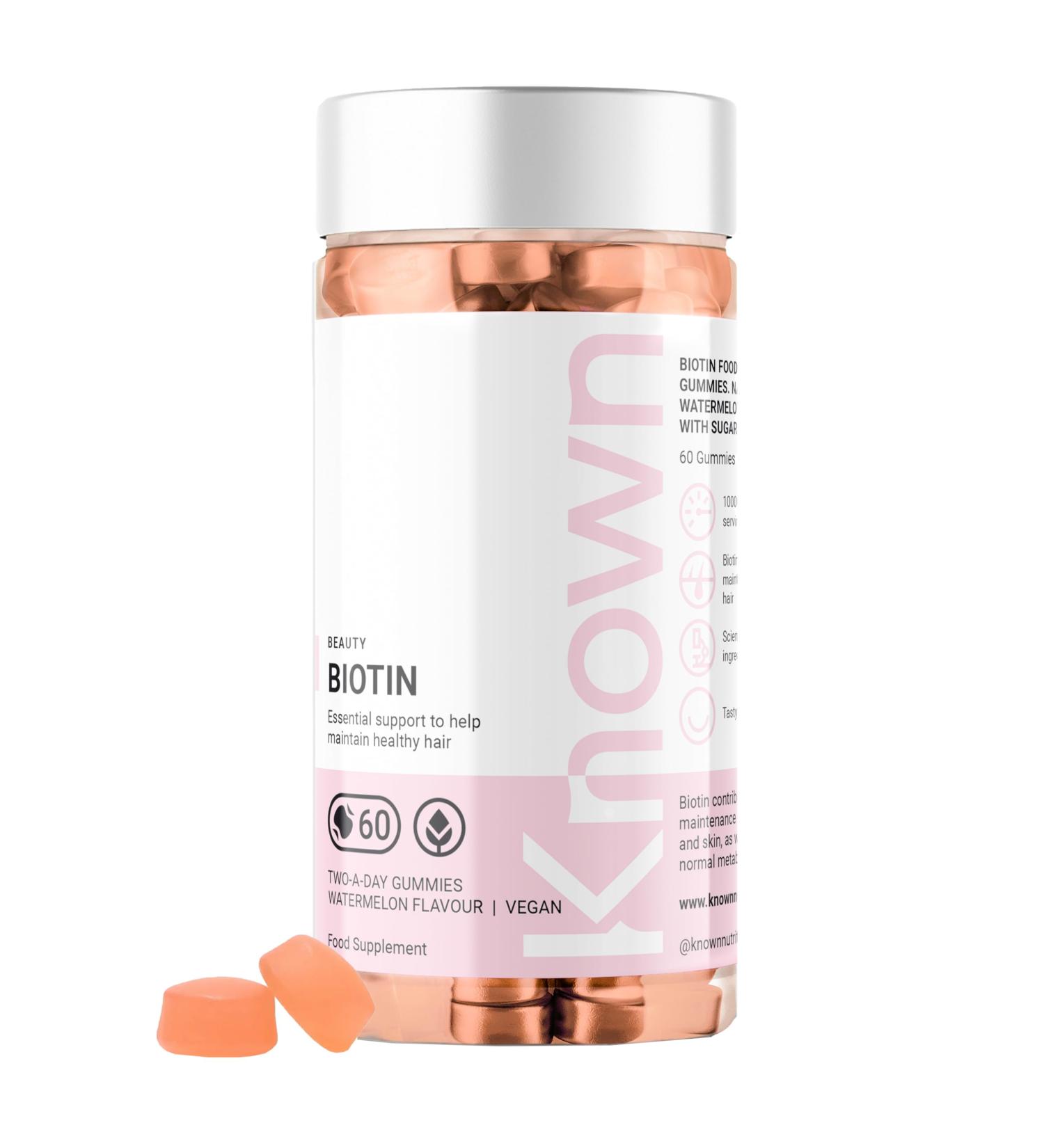 Biotin Gummies 10 000 mcg Watermelon Flavoured by Known Nutrition | for Hair Skin and Metabolism | Watermelon Flavour | 60 Two-a-Day Vitamin Gummies | 10 000 g of Biotin per Serving (Pack of 1) - Buy Online on GoSupps.com