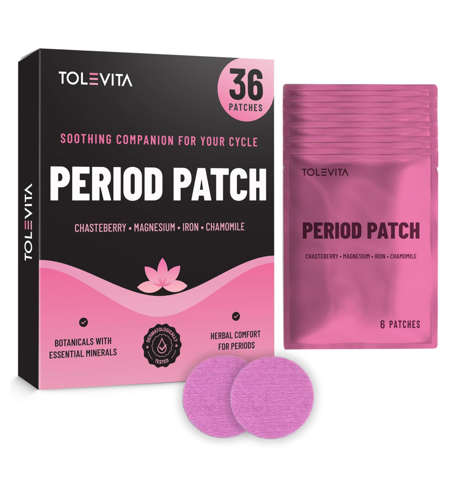 TOLEVITA Period Relief Patches 36 Pcs Herbal Cramp Support with Chasteberry Magnesium Evening Primrose Dong Quai Curcumin Vitamins B6 & E Iron Chamomile Hormonal Balance & Menstrual Comfort - Buy Online on GoSupps.com